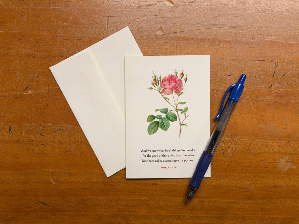Romans 8:28, All Things Work Together—Scripture Floral Greeting Card
