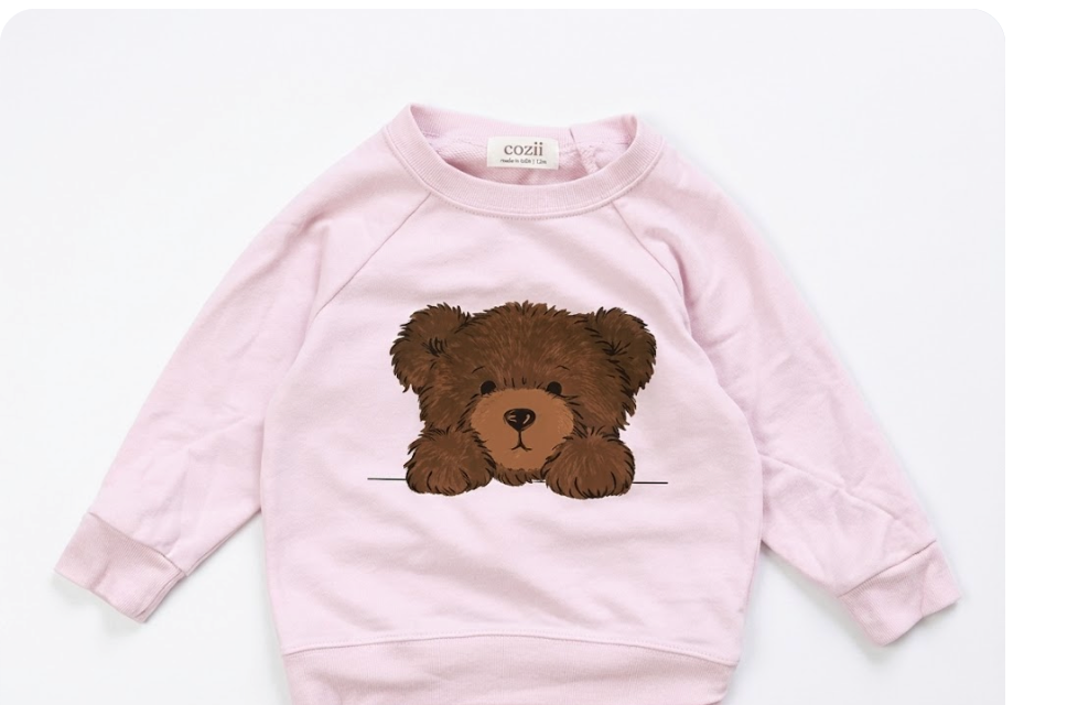 COZII - Long Sleeve Contrast Crew Teddy Bear, Baby Pink