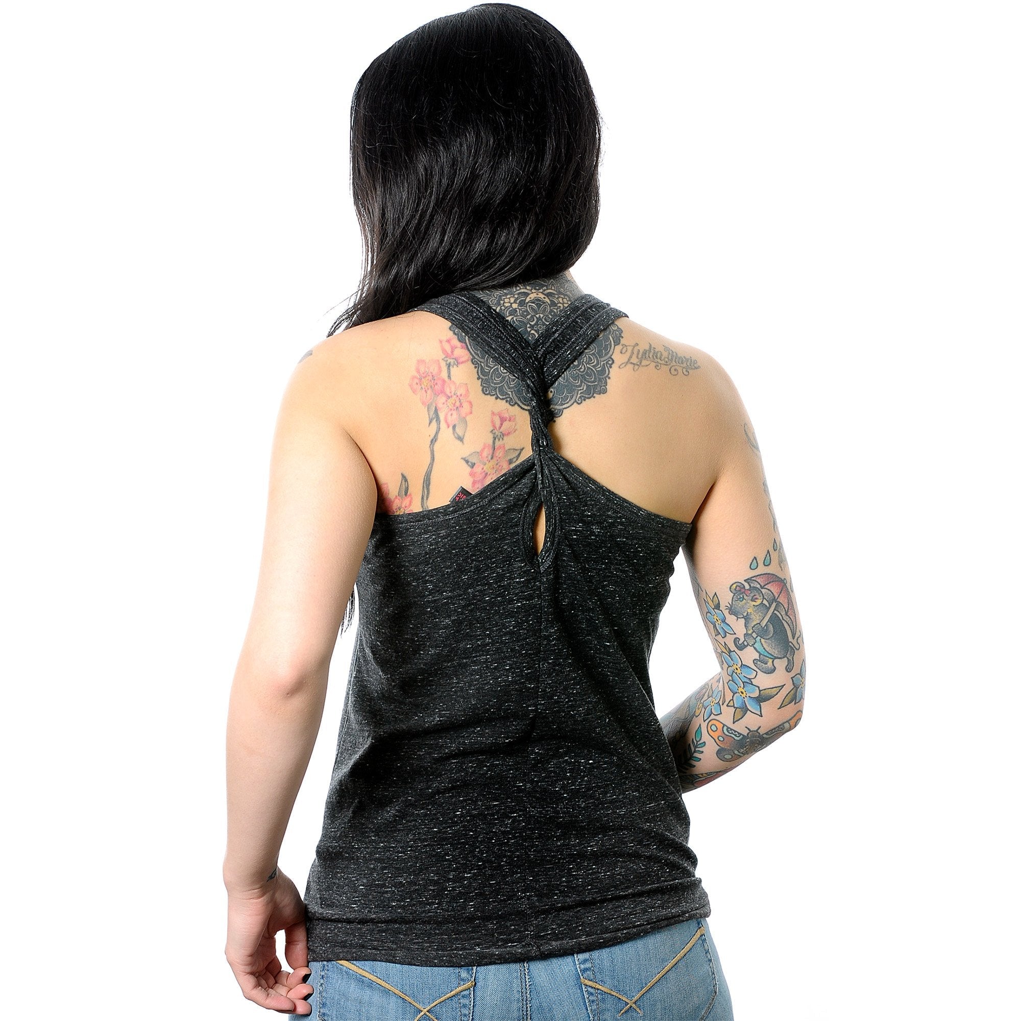 Don't Touch Me Black Gray Cosmic Twist Back Tank Top