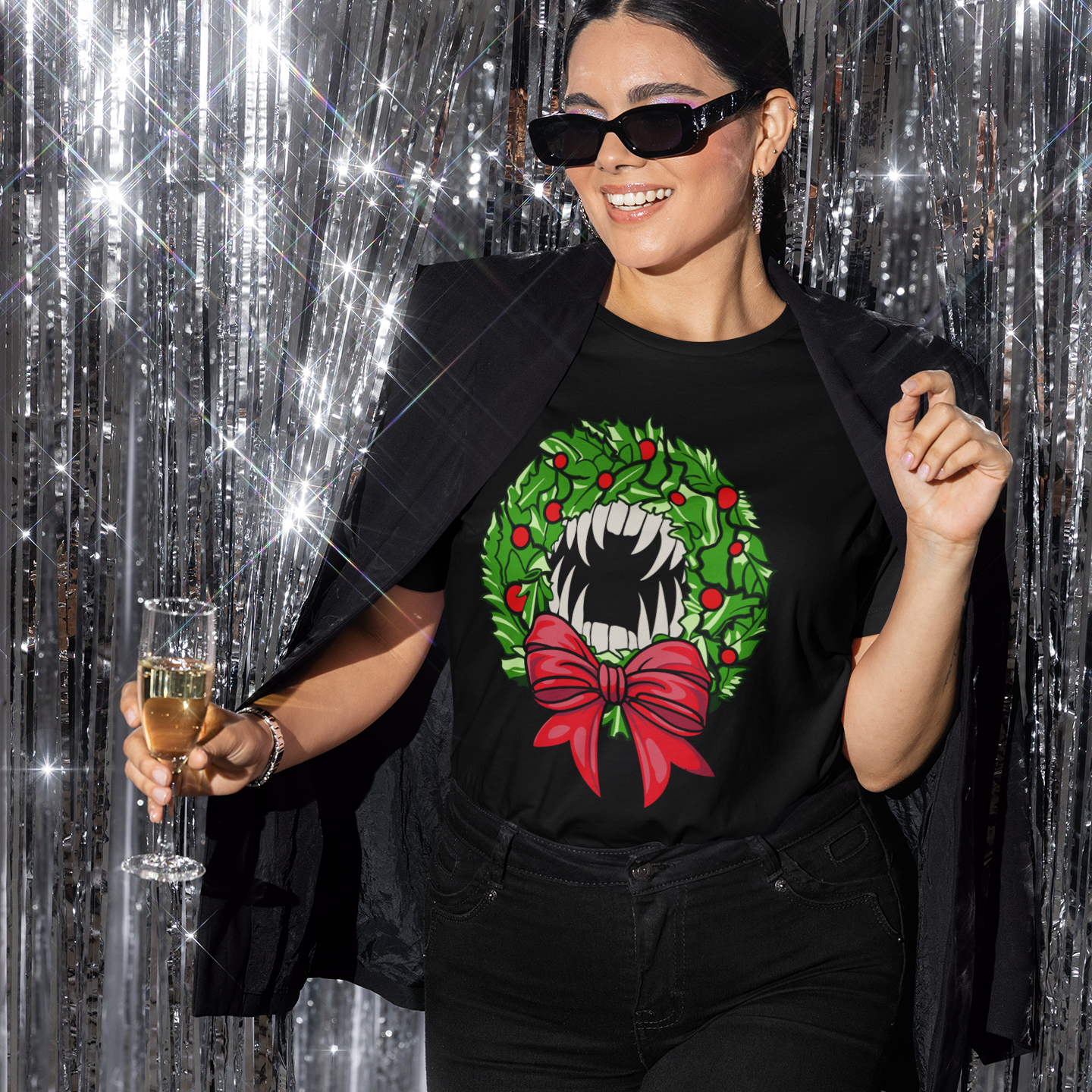 Holiday Vampire Wreath Black Tee Shirt