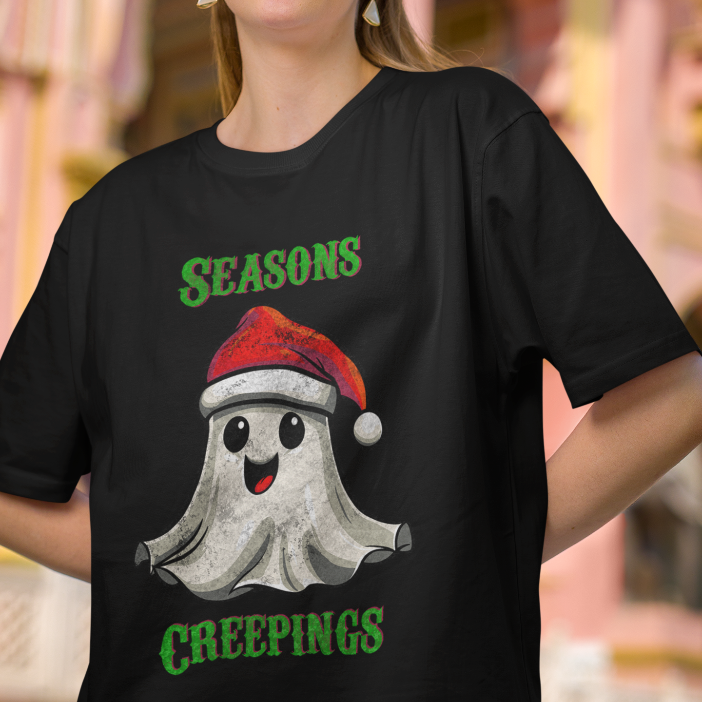 Holiday Christmas Spirit Ghost Black Tee Shirt