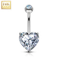 14k Solid White Gold Prong Set Clear 6mm CZ Heart Belly Ring