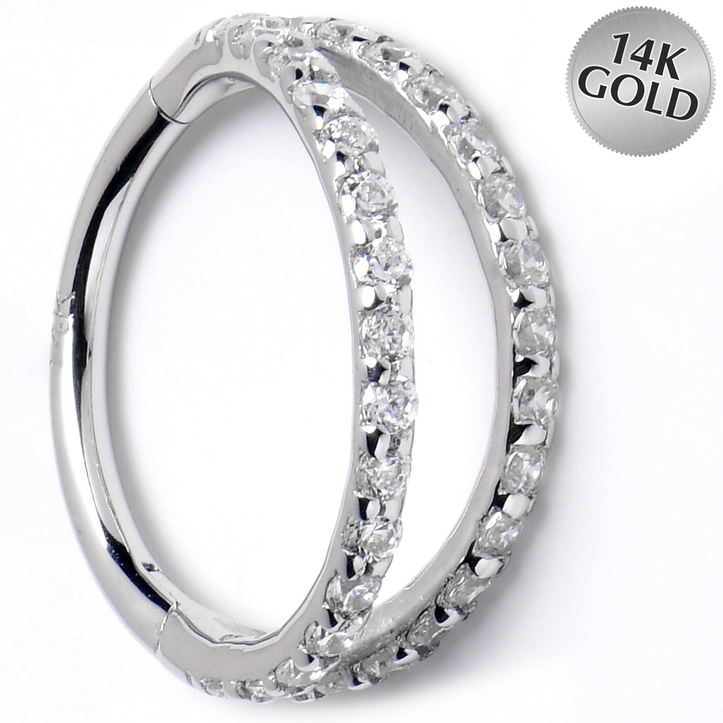 16G 3/8 Solid 14K White Gold Clear CZ Gem Hinged Segment Ring