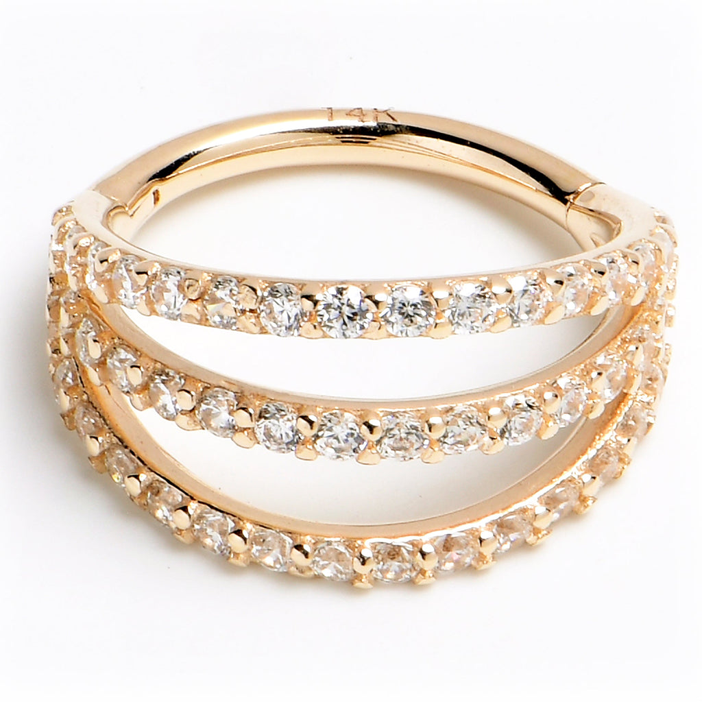 16G 3/8 Solid 14K Yellow Gold Clear CZ Gem Row Hinged Segment Ring