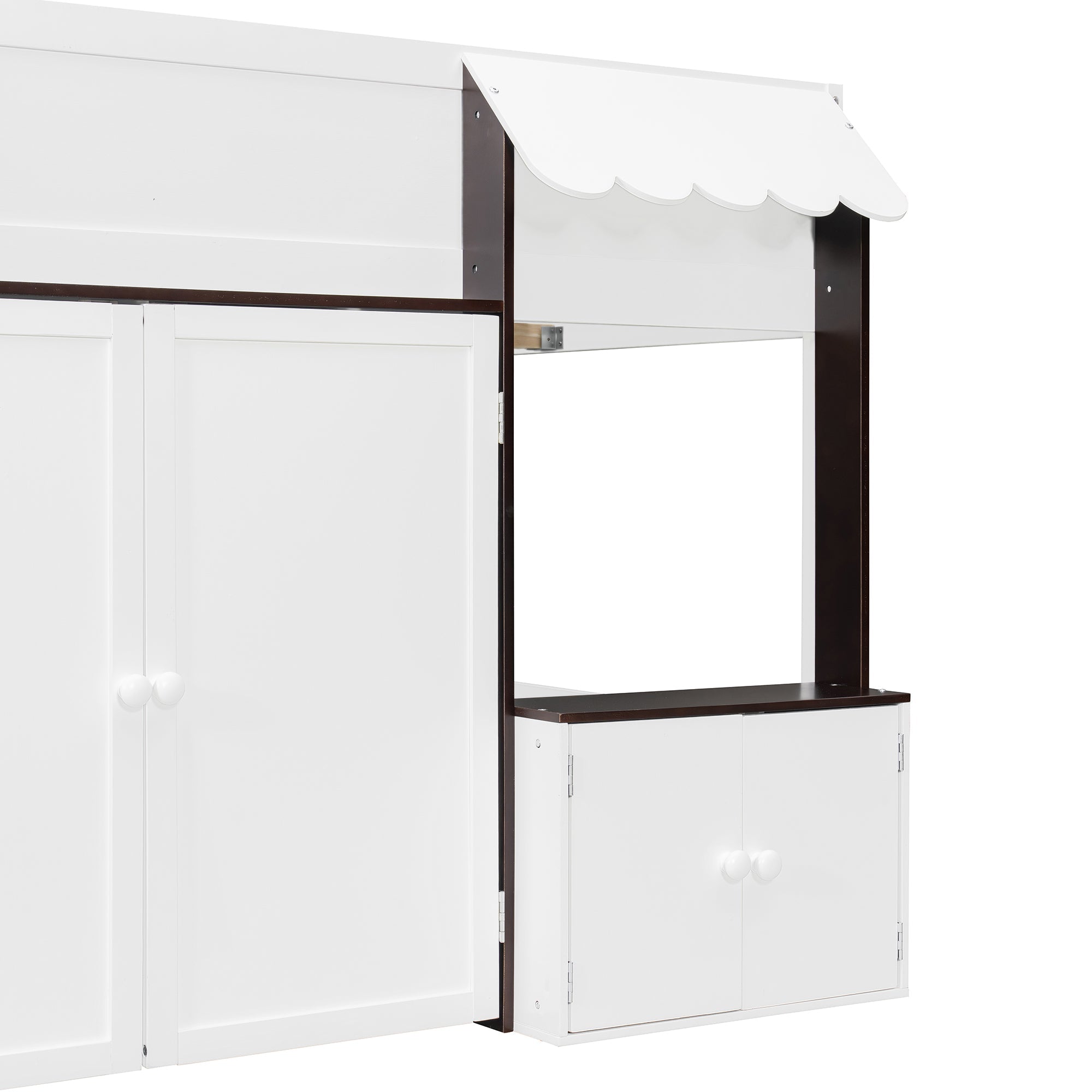 Full Loft House Bed with Playhouse & Storage, Modern Wood Cabin Bed for Kids/Teens, White+Espresso