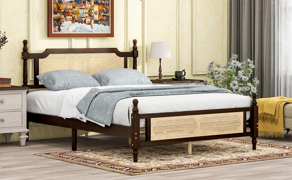 Queen Pine wooden Bed with Rattan Headboard  and Footboard, with  Central Enhanced Bed Platform ,Espresso