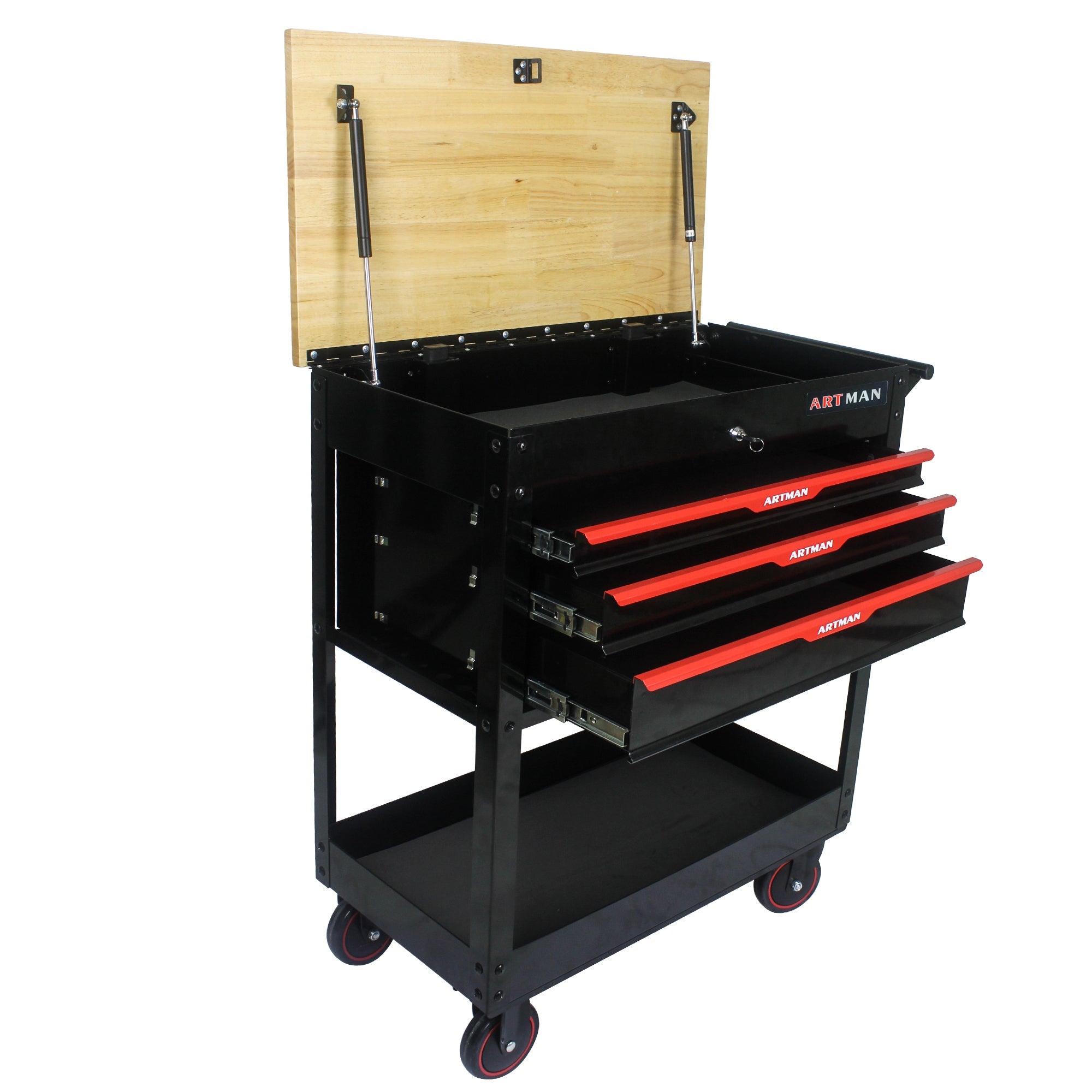 3 DRAWERS MULTIFUNCTIONAL TOOL CART WITH WHEELS AND WOODEN TOP--BLACK&RED
