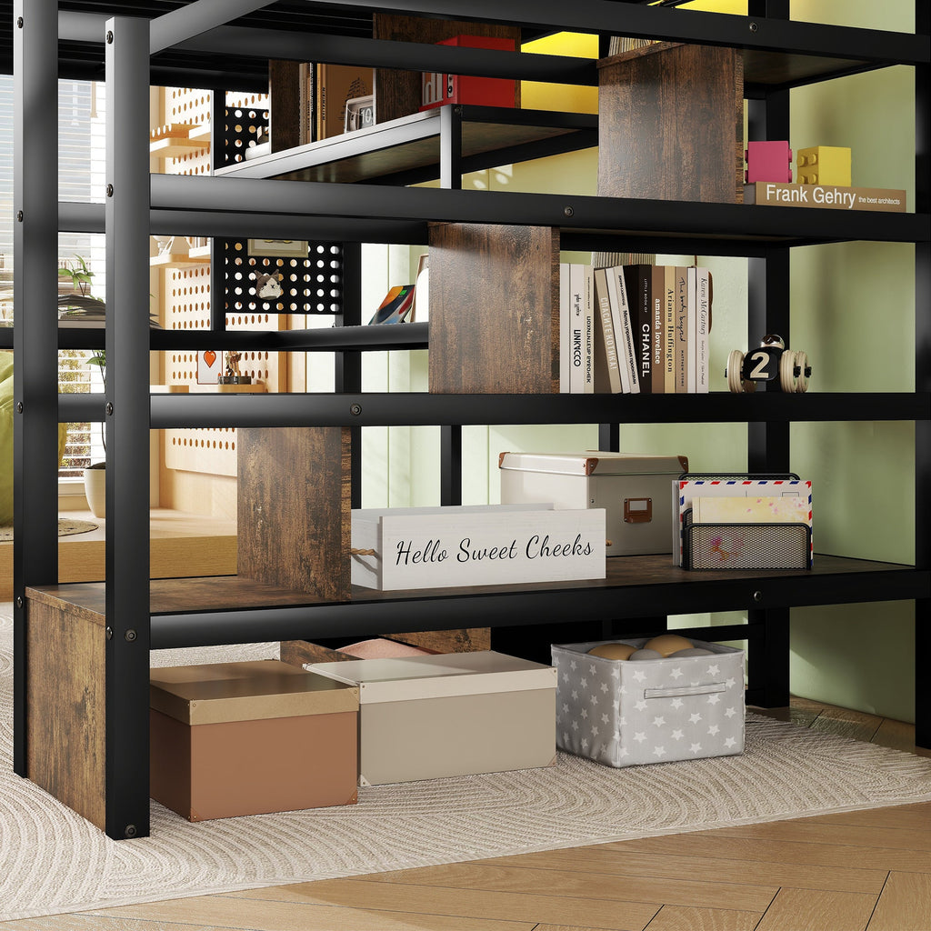 Full Size Loft Bed with LED Light & Charge Station, Metal Loft Bed with Desk and Staircase, Loft bed with Wardrobe for Kids, Black (Expect Arrival Date 2025/4/30)