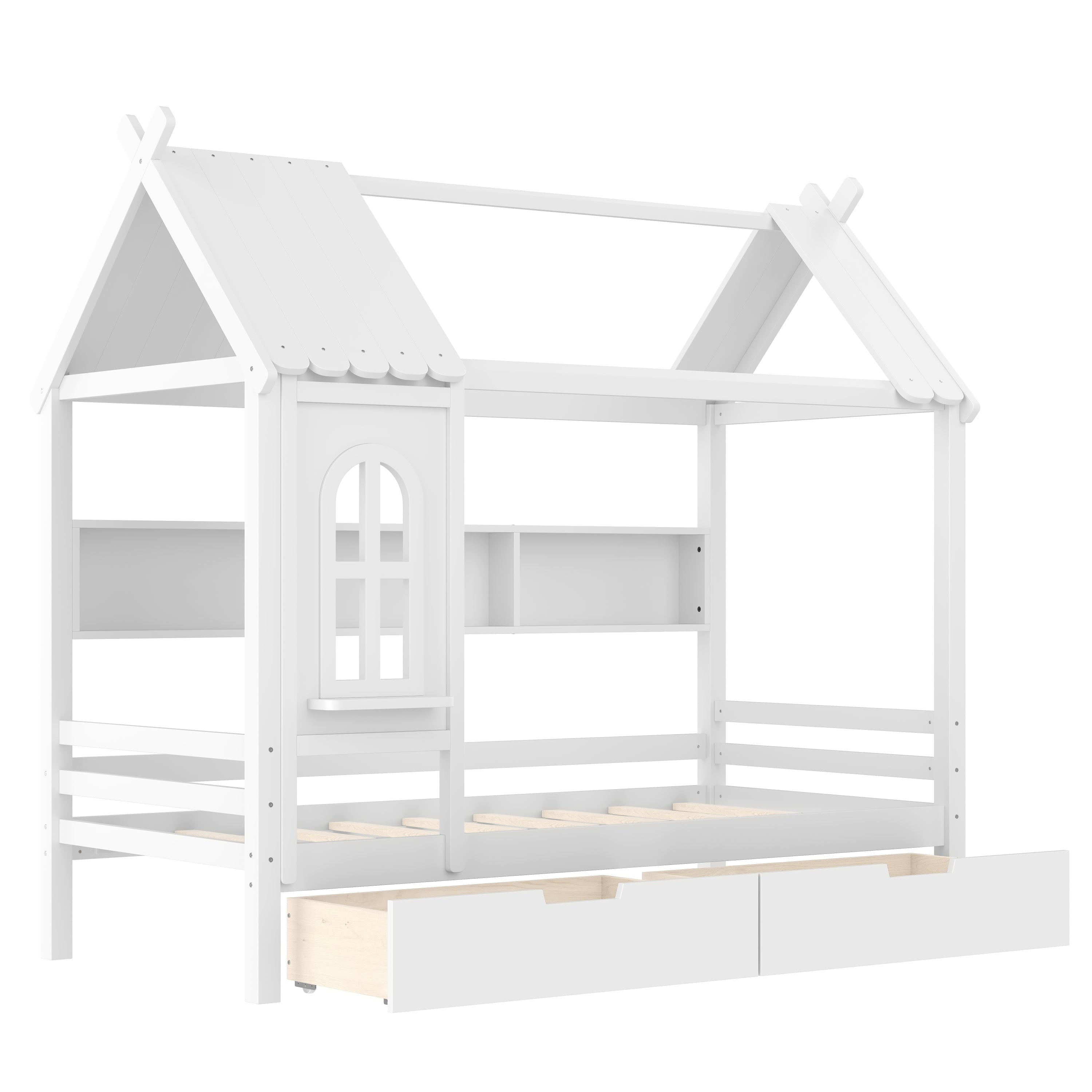 Twin house Beds with Storage Drawers and Window, Solid Wood House Platform Bed Frame with shelves, for Kids, Girls, Boys, No Spring Box Needed and Childlike Design, White