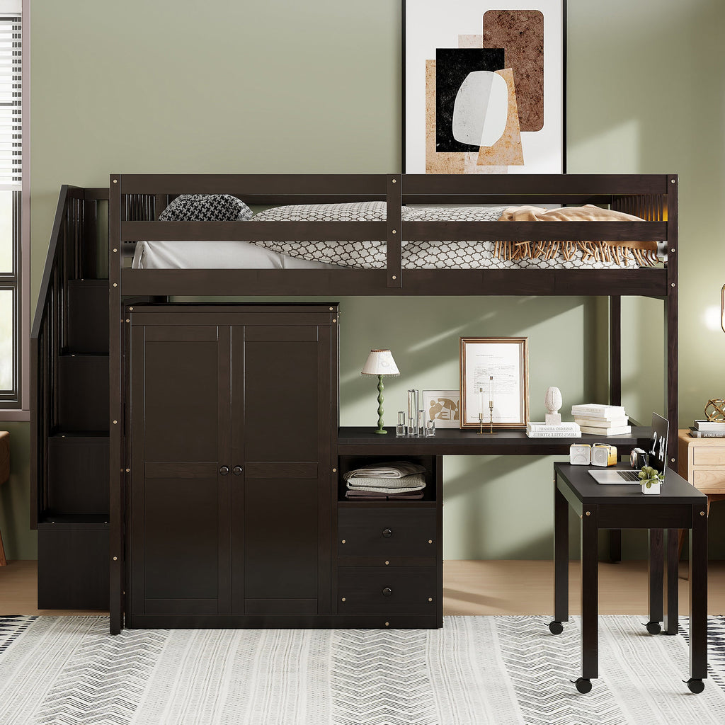Full Size Loft Bed with Stairs, Bookshelf, Drawers, Desk & Wardrobe – Space-Saving Multifunctional Furniture for Kids & Teens-Espresso