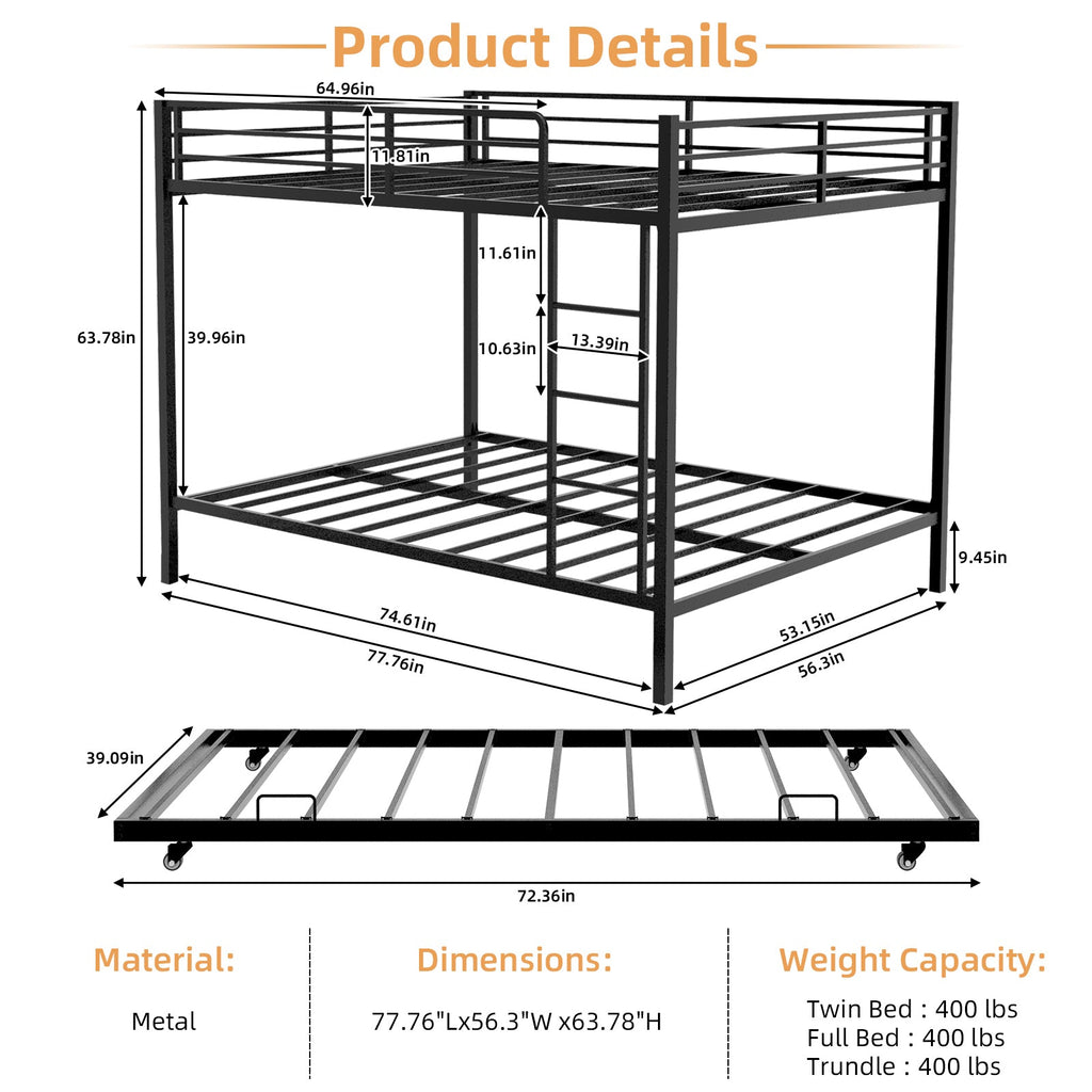 Durable Square Tube Iron Bunk Bed Featuring Safety Rails, Modern Minimalist Look, Ideal for Kids Room, Guest Room or Shared Space, Easy Assembly & Long - Lasting Performance,Full size: 137cm × 190cm