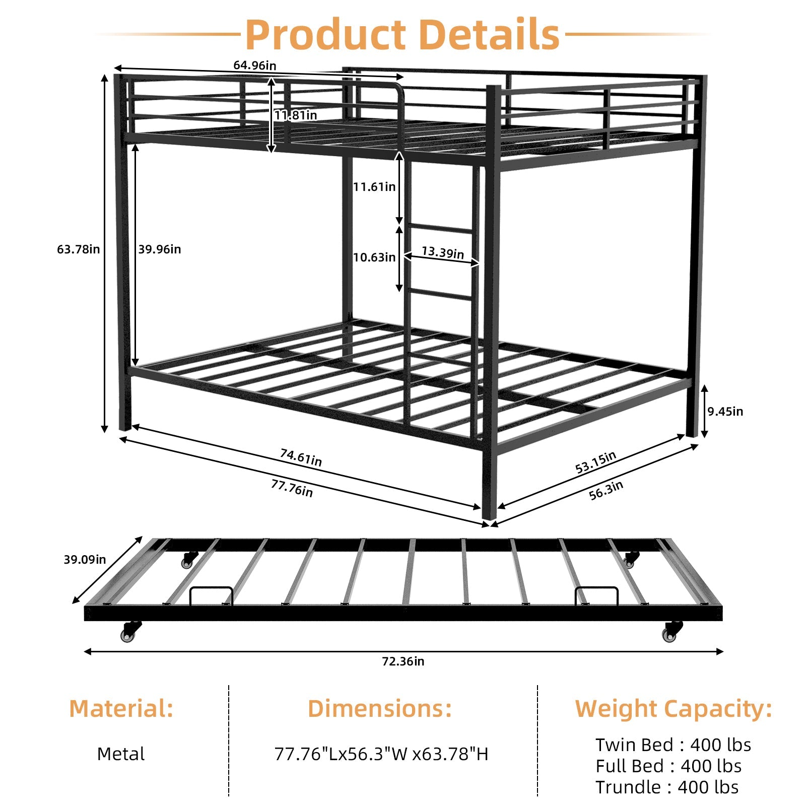 Durable Square Tube Iron Bunk Bed Featuring Safety Rails, Modern Minimalist Look, Ideal for Kids Room, Guest Room or Shared Space, Easy Assembly & Long - Lasting Performance,Full size: 137cm × 190cm