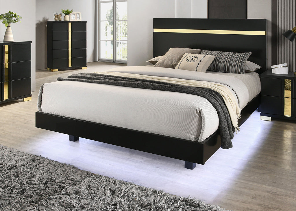 Modern Black 3pc Bedroom Set Queen Size Bed w LED 2x Nightstands Mattress Ready Furniture Acrylic Trim
