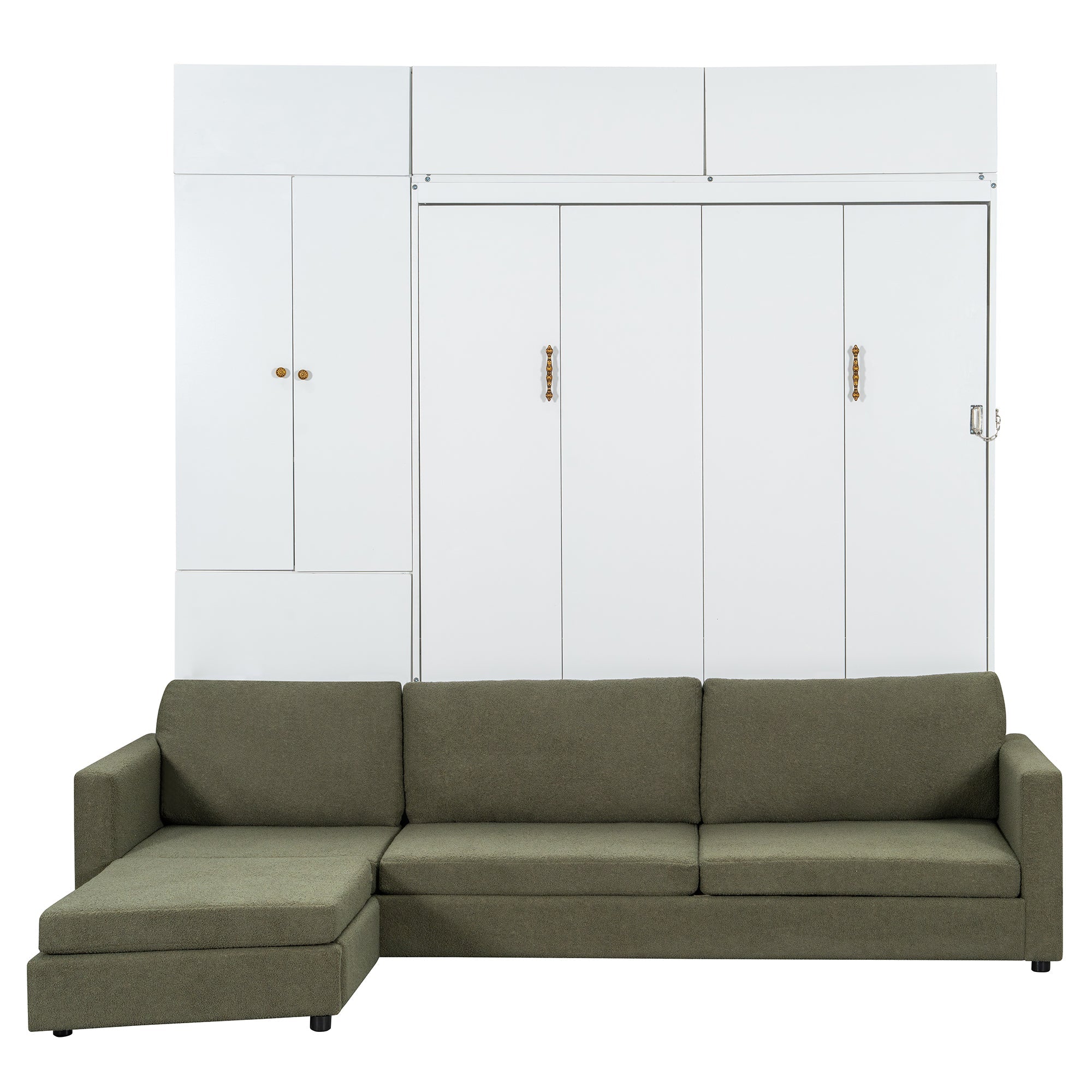 Queen Size Murphy Bed Wall Bed with Sofa and Shelves,White Panel, Green Sofa