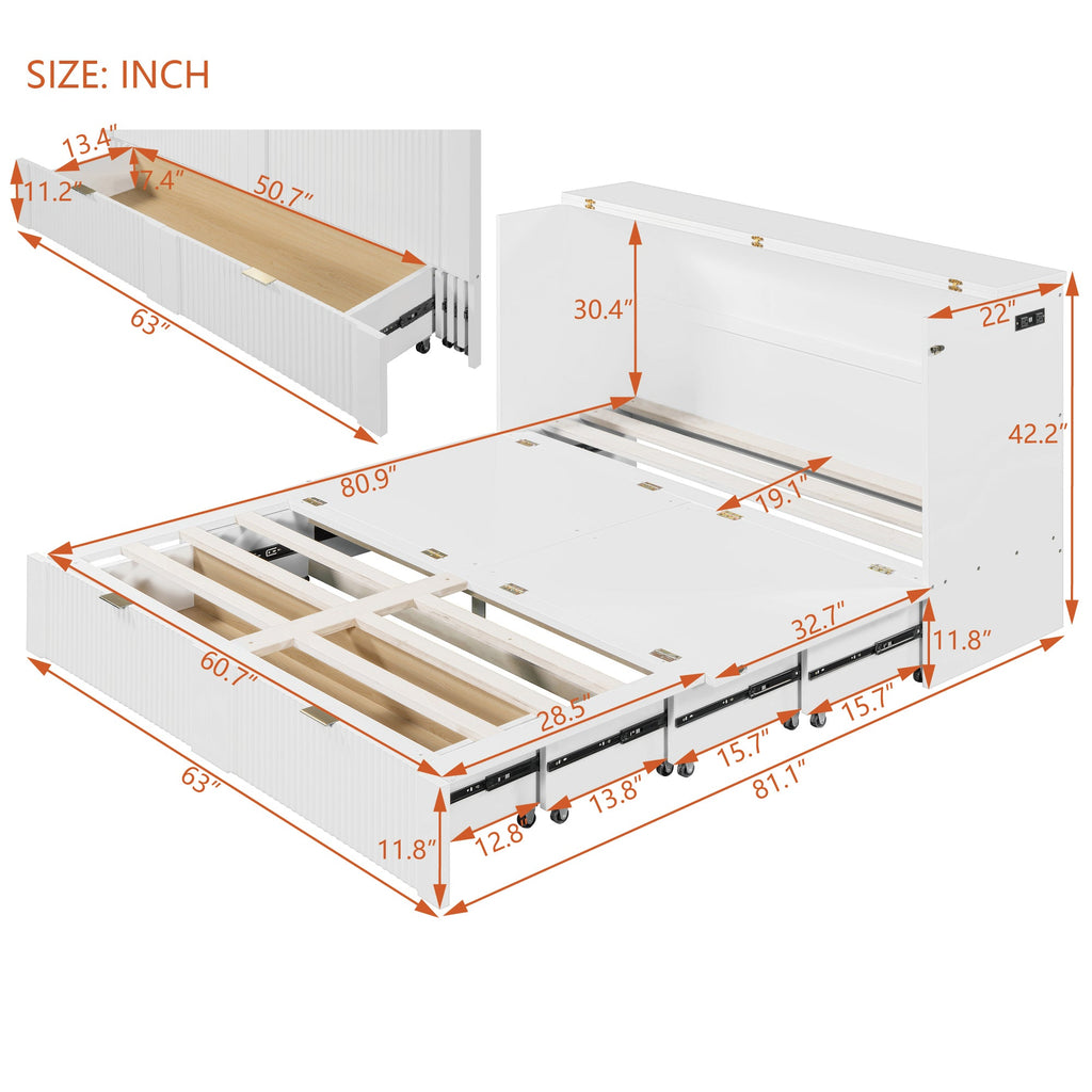 Queen Size Murphy  Bed with drawer and a set of Sockets & USB Ports, Pulley Structure Design, White