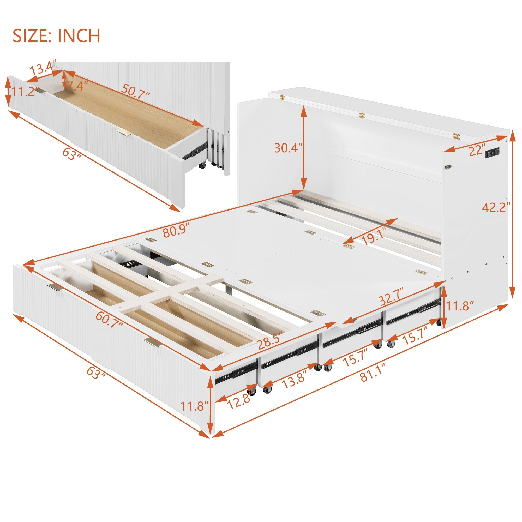 Queen Size Murphy  Bed with drawer and a set of Sockets & USB Ports, Pulley Structure Design, White