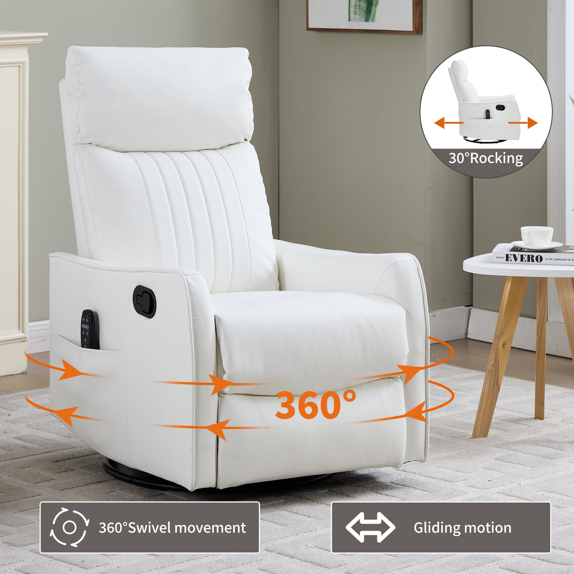White Heat Massage Manual Recliner Chair with Rocker and Swivel in Faux Leather for Living Room