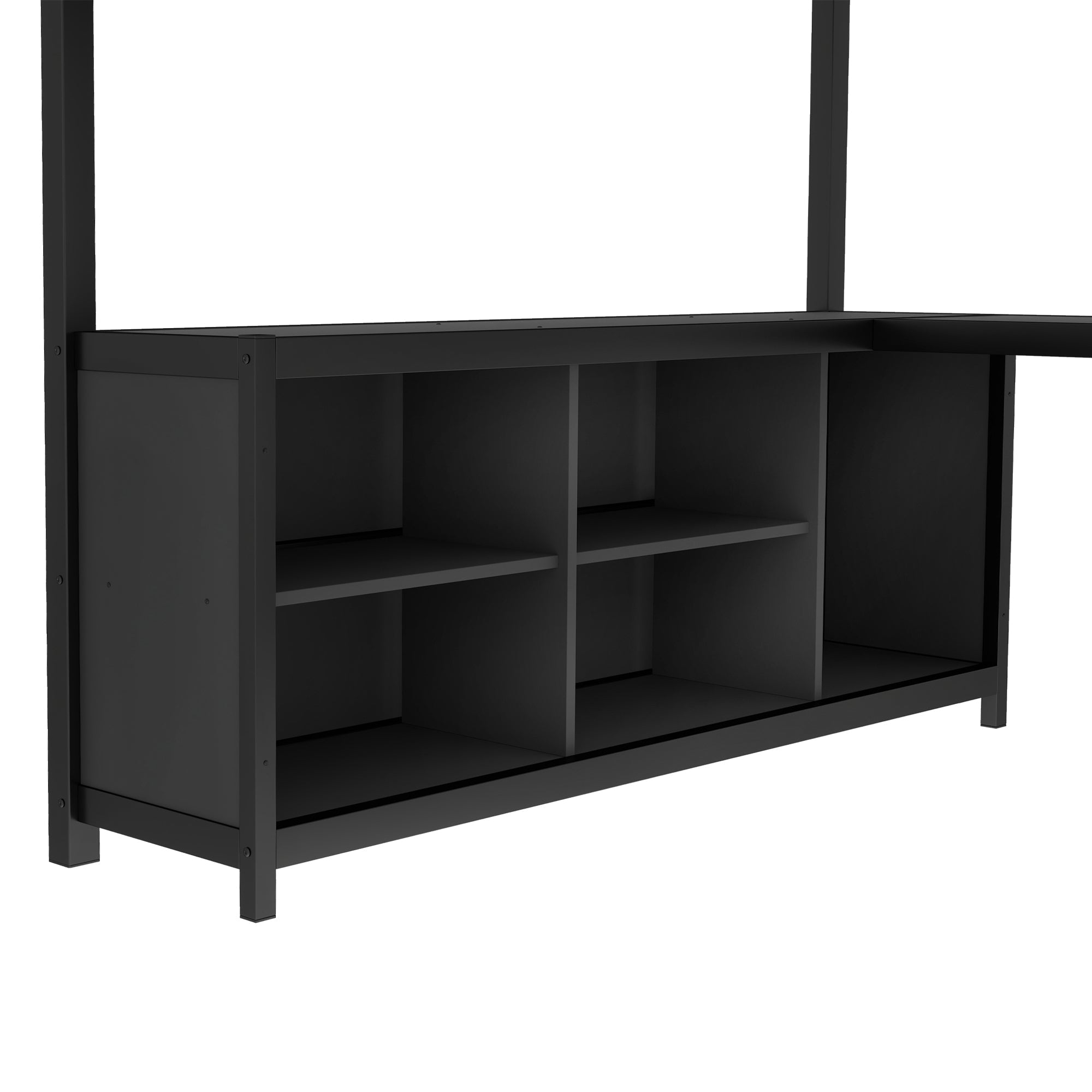Metal Loft Bed with Wardrobe and L-shaped Desk, Queen Size Loft Bed with Storage Cubes and Shelves, Loft Bed for Kids Teens Adults, Black