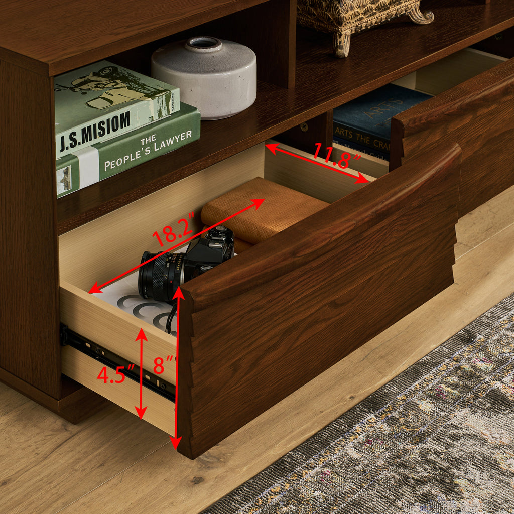 63' Mid-Century Modern TV Stand for TVs up to 75', Thick Sturdy Farmhouse Entertainment Cabinet, Media Console for Living Room, Louver Design & Solid Wood Drawers & Outlet Holes, Walnut