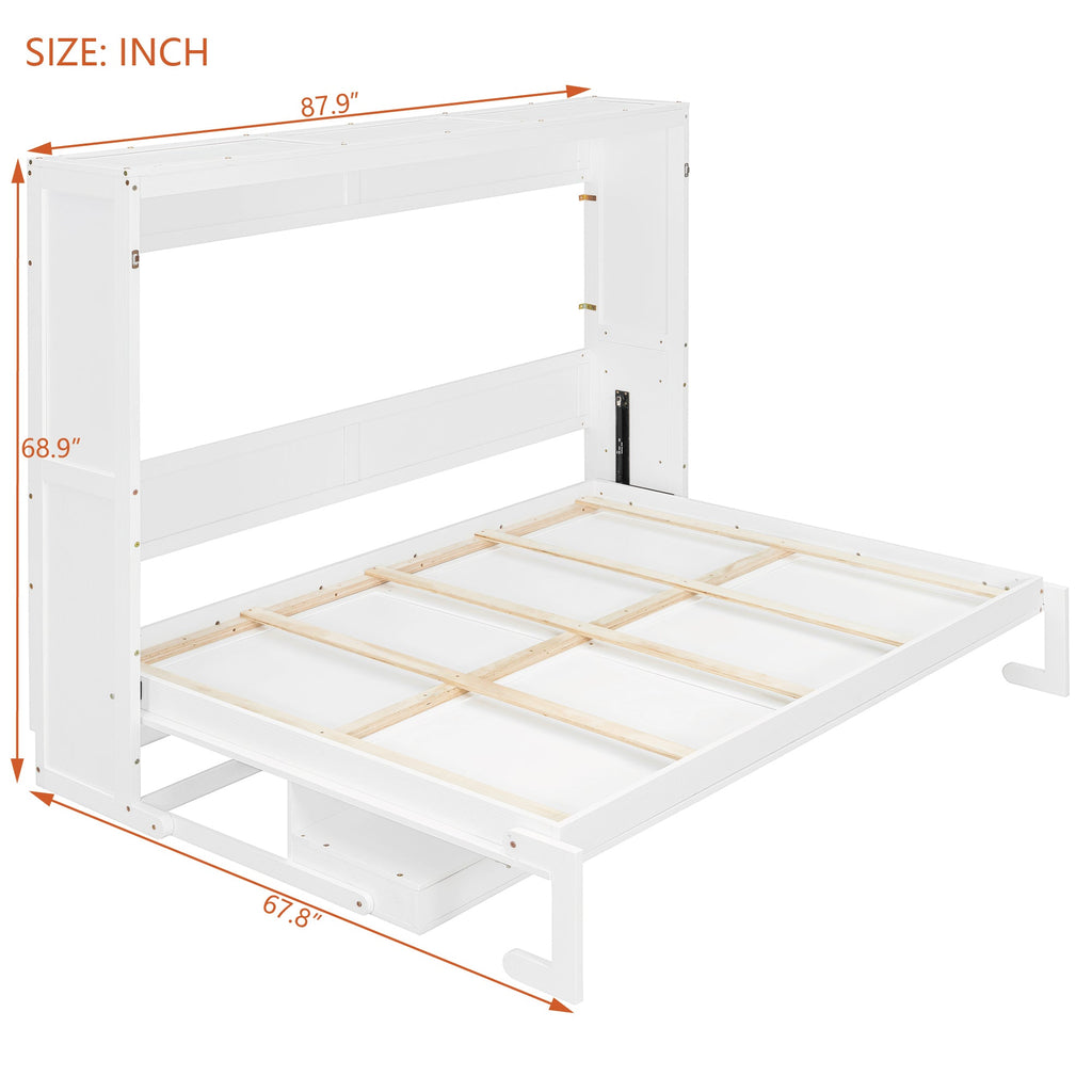 Queen Size Wall Murphy Bed with Storage, Foldable Cabinet Bed with Vanity Desk, Center Mirror & 2 Side Drawers, White