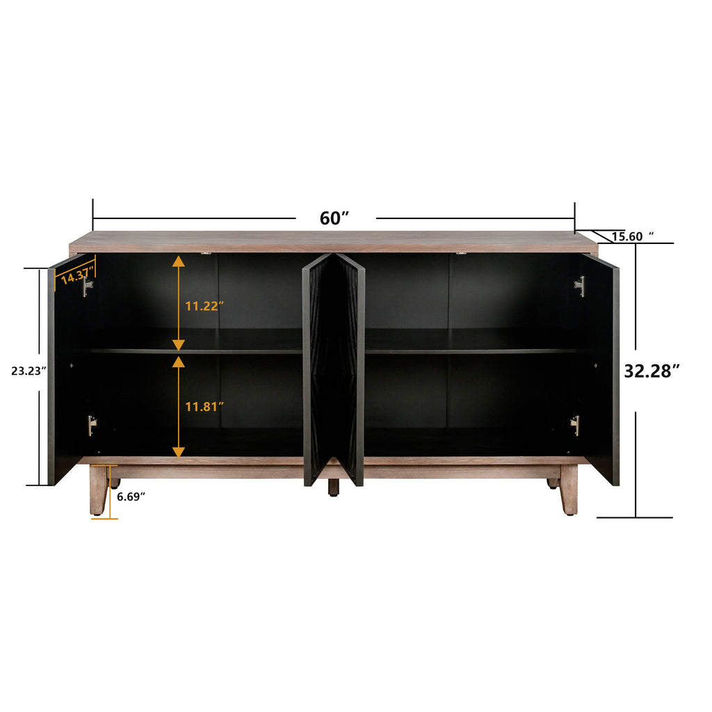 Mid Century Sideboard Buffet Cabinet with Solid Wood Legs 60" Kitchen Storage Cabinet Credenza with 4 Convex pattern diamond Doors and 2 Shelves Accent Console Table for Living Room Entrance Hall etc