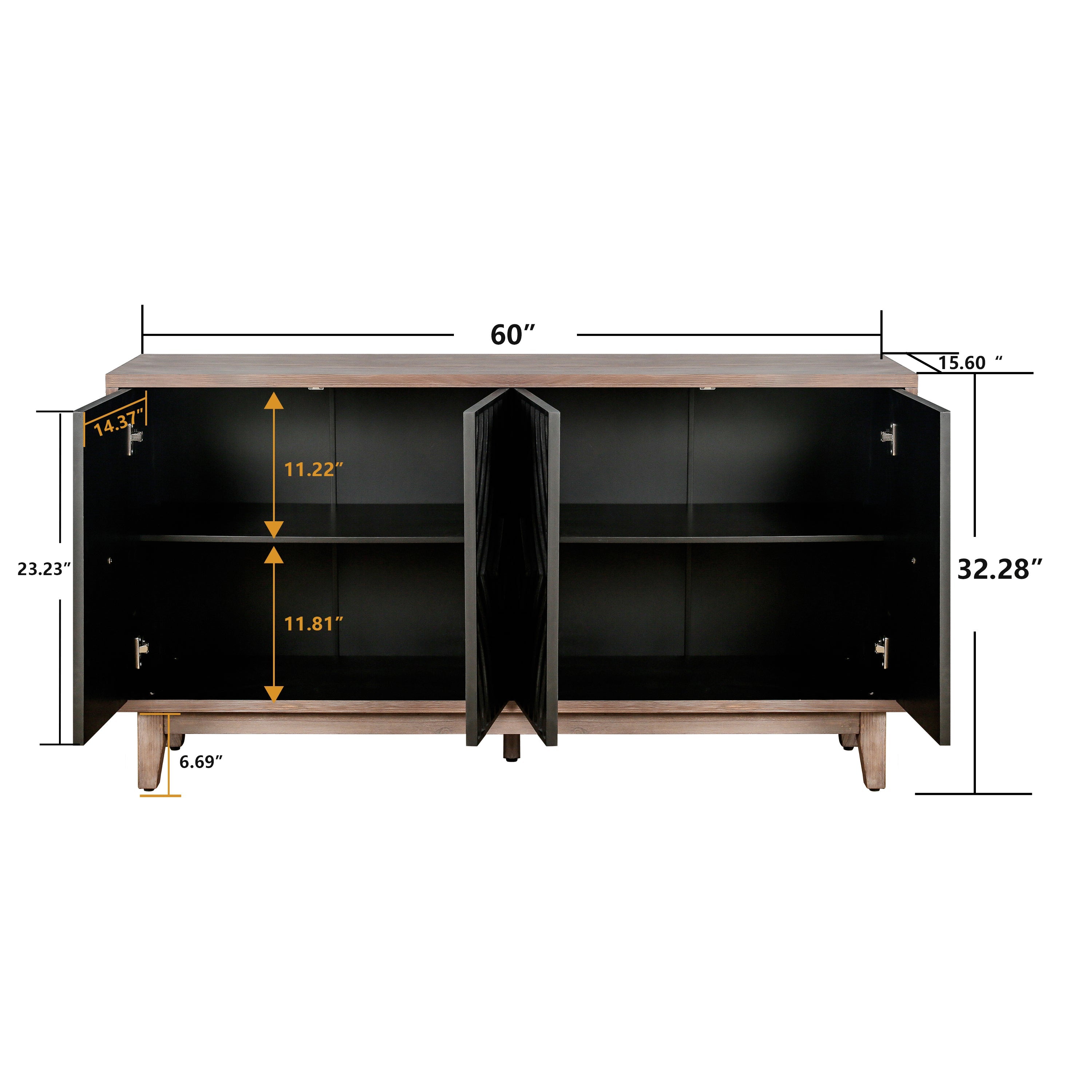 Mid Century Sideboard Buffet Cabinet with Solid Wood Legs 60" Kitchen Storage Cabinet Credenza with 4 Convex pattern diamond Doors and 2 Shelves Accent Console Table for Living Room Entrance Hall etc