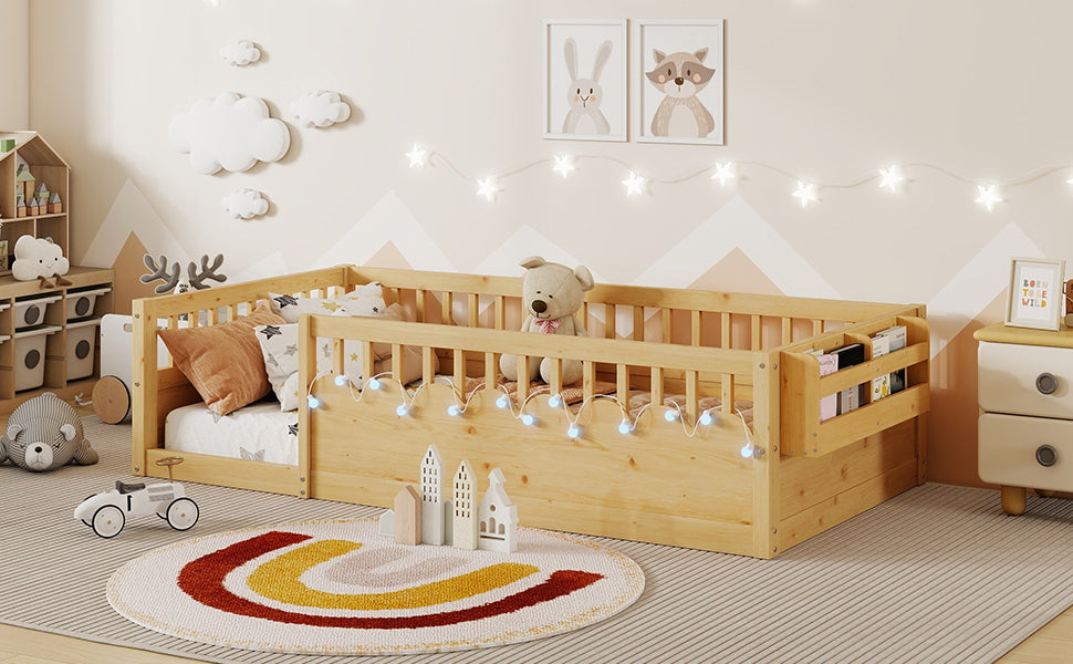 Twin Montessori Floor Bed Frame with High Rails, Wood Kids Floor Beds with Light and Storage Shelf, Natural (Expect Arrival Date 2025/8/15)