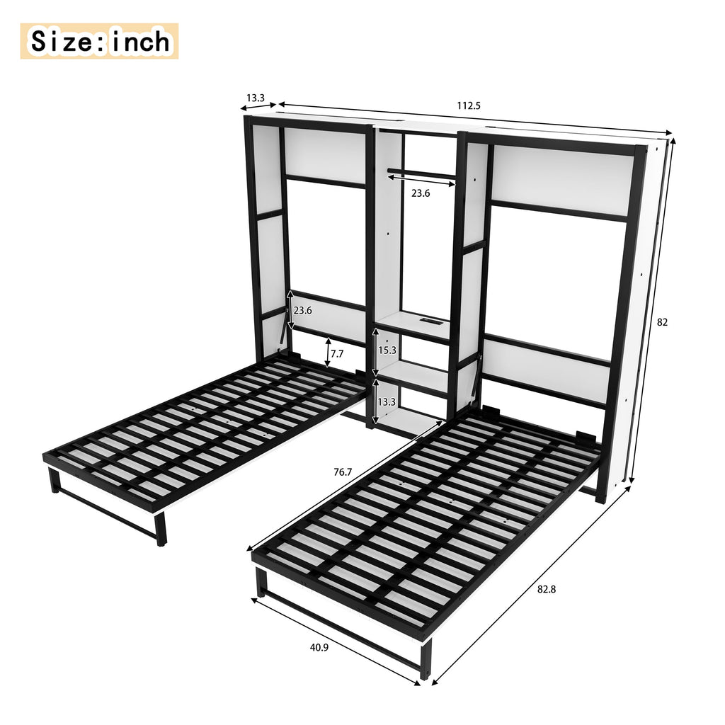 Twin and Twin Murphy Bed, Metal Foldable Murphy Bed with Wardrobe, Shelves and Power Outlets, 2 in 1 Design, Space-saving, White