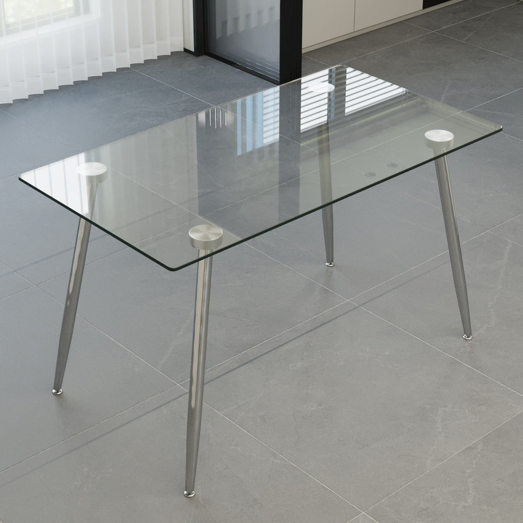 Glass Dining Table, Modern Rectangular Table with Tempered Glass Tabletop & Sliver metal Legs, Simplistic Kitchen Table, Versatile Table for Home Office (0 damage)