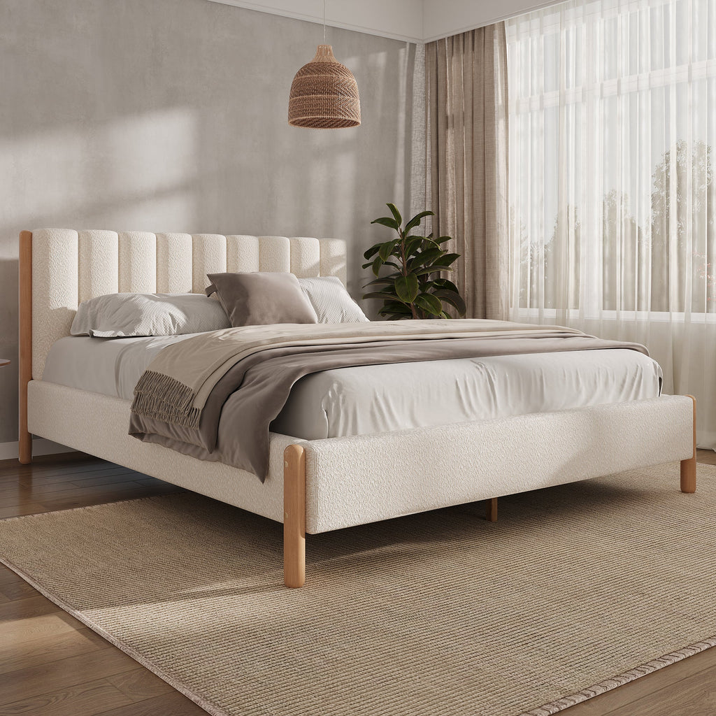 Queen Size Bed Frame with Boucle Upholstered Thick Headboard, Solid Wooden Legs, White
