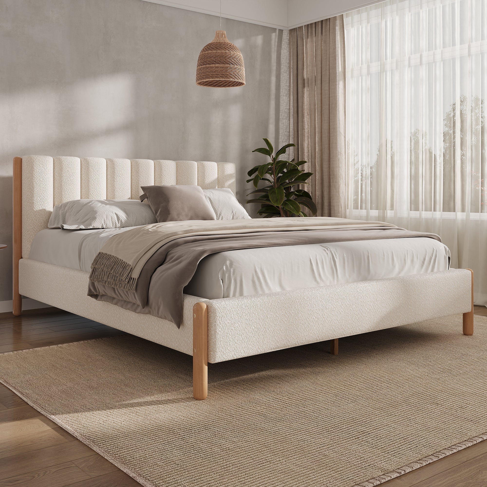 Queen Size Bed Frame with Boucle Upholstered Thick Headboard, Solid Wooden Legs, White