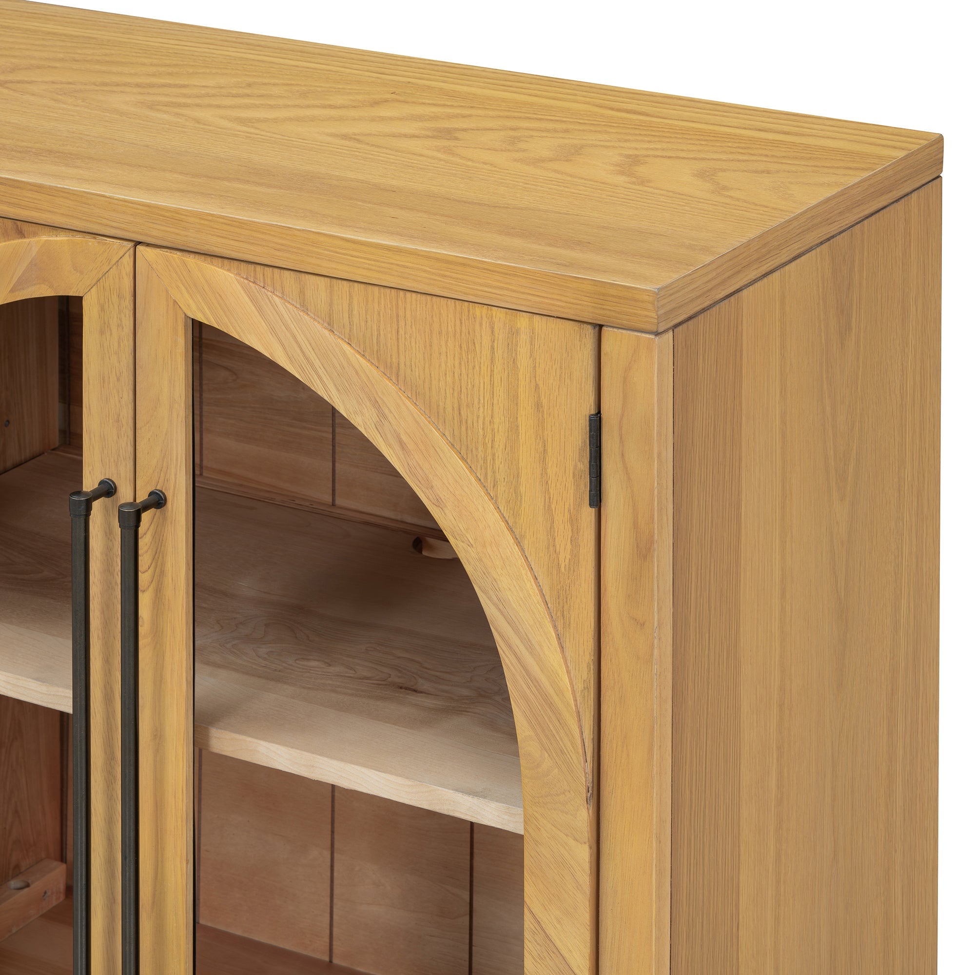 TREXM 4-Door Large Storage Sideboard Buffet Cabinet with Glass Doors, Arched Cabinet with Adjustable Shelves for Kitchen, Dining Room and Living Room (Natural Wood)