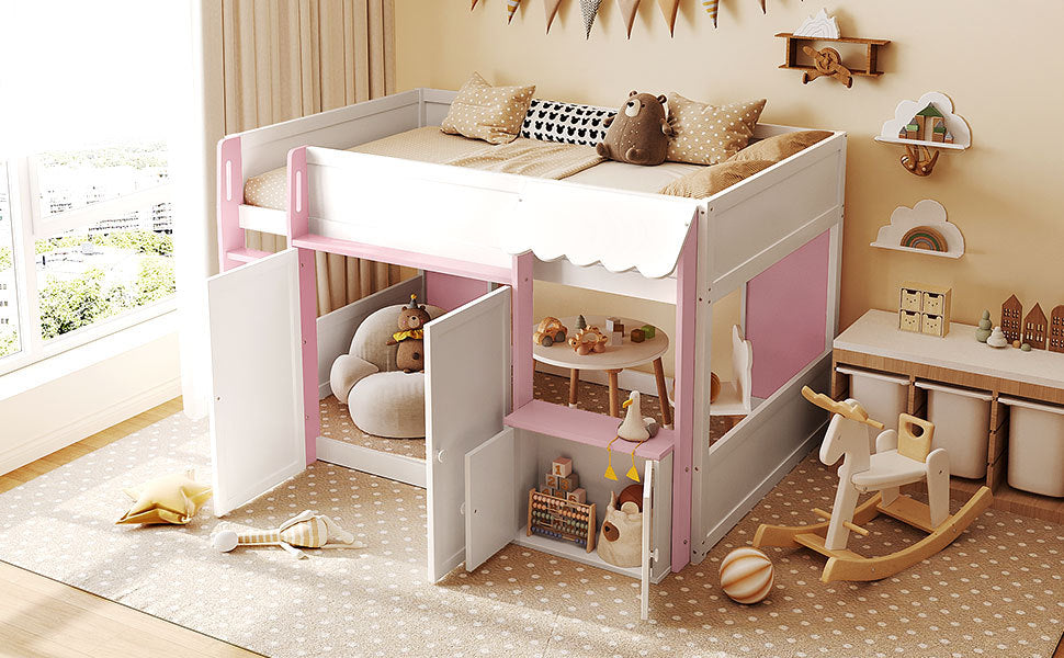 Full Loft House Bed with Playhouse & Storage, Modern Wood Cabin Bed for Kids/Teens, White+Pink