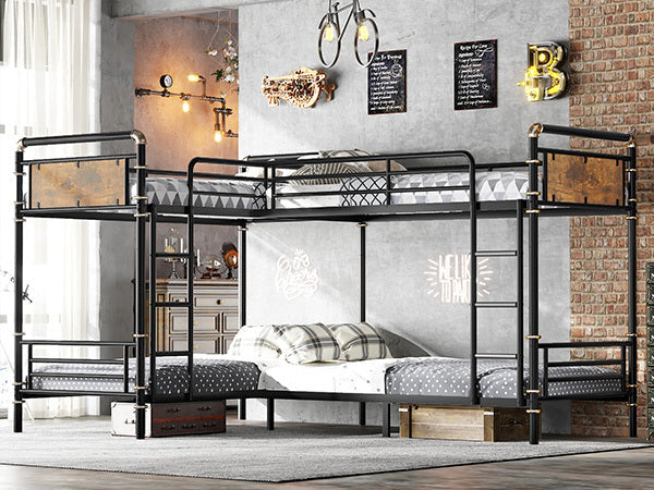Quad Bunk Bed for 4 Kids, Heavy Duty Metal Twin Bunk Bed Frame, Detachable Triple Bunk Bed, Can Be Divided Into 3 Twin Beds, Black (Old SKU W2580S00015)