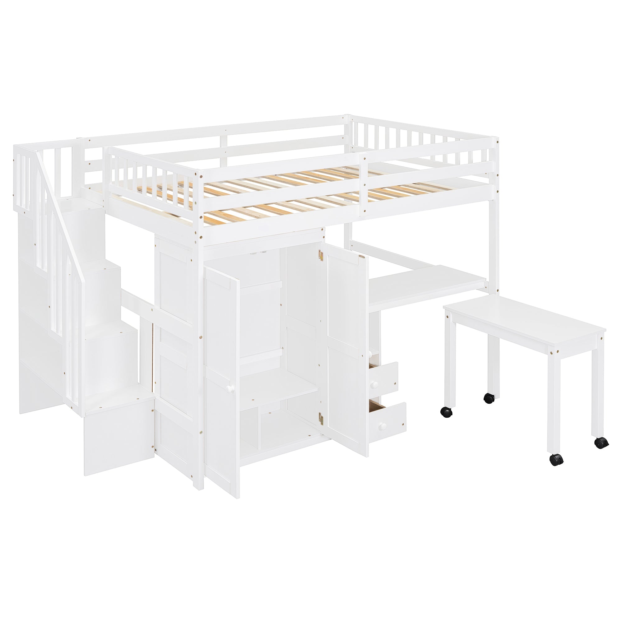 Full Size Loft Bed with Stairs, Bookshelf, Drawers, Desk & Wardrobe – Space-Saving Multifunctional Furniture for Kids & Teens-White