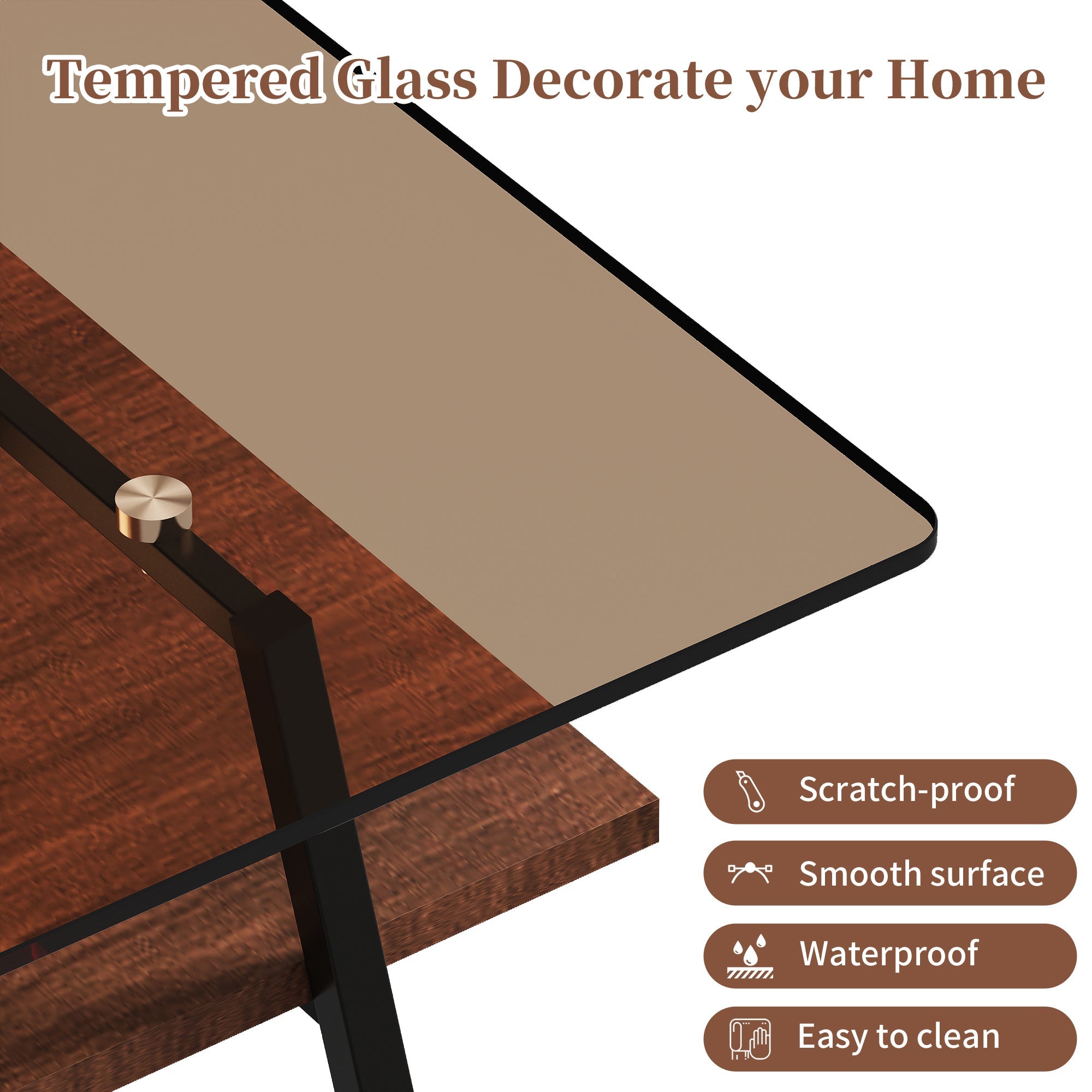 Rectangle Coffee Table, Tempered Glass Tabletop with Black Metal Legs, Modern Table for Living Room , Brown Glass