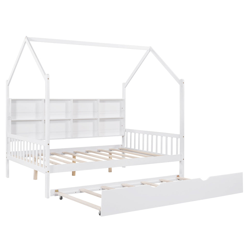 Wooden Full Size House Bed with Trundle,Kids Bed with Shelf, White (Old SKU: WF297070AAK)