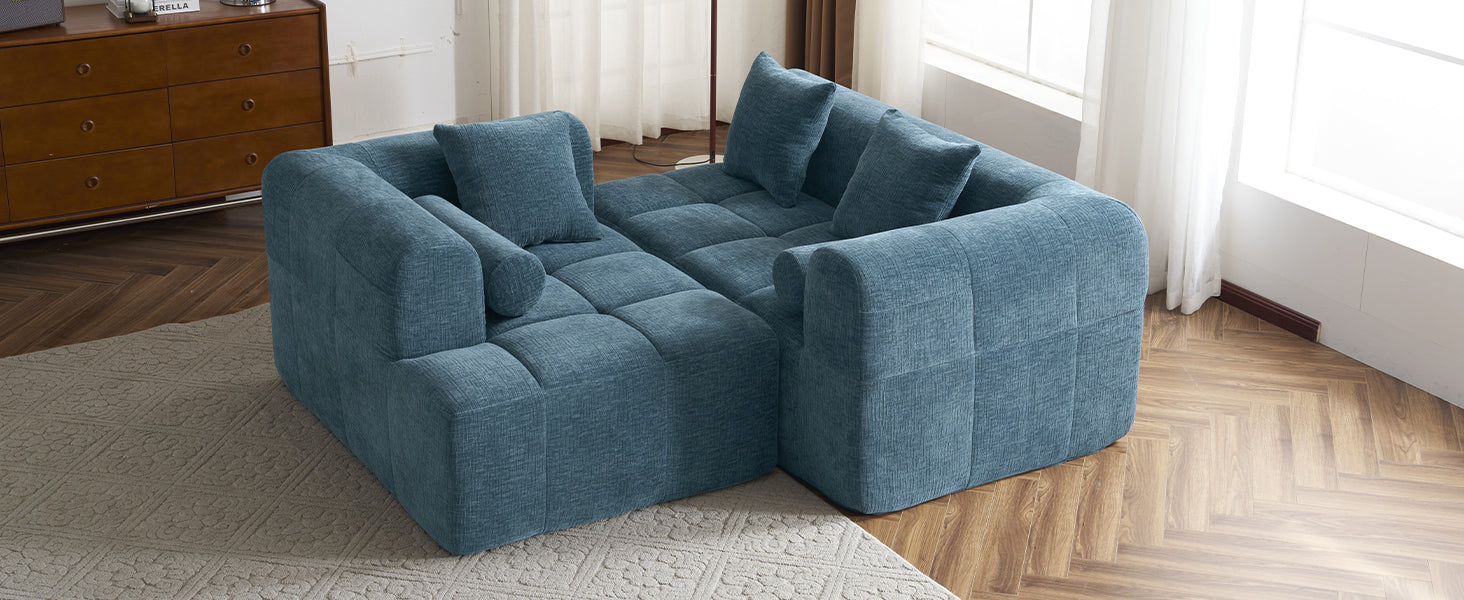 Modern Modular Sofa with Deep Seating, Two Side Pockets, and Plush Pillows in Blue Chenille Fabric, 101.2'