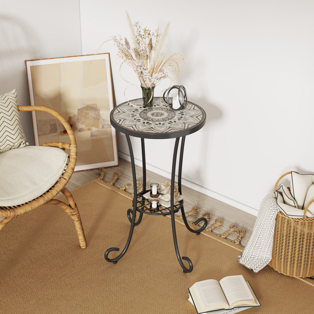 Ceramic Tile and Iron Patio Side Table with Shelf, Brown and Black, 14-inch Diameter