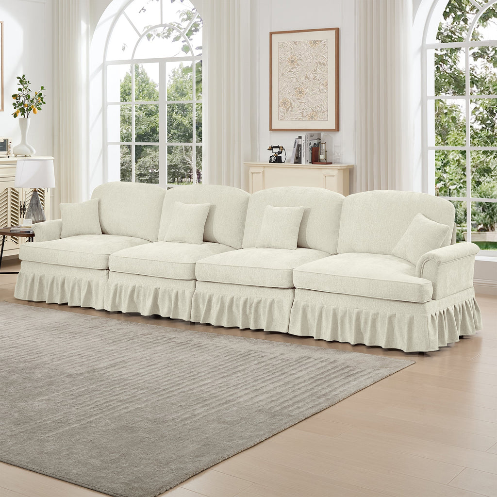 Elegant Mid Century Large 4 Seater Sofa Couch with Flared Arms and Removable Ruffles Pleats Skirts and Spindle Legs, Comfy Chenille Four-Seat Sofa for Living Room, Beige White