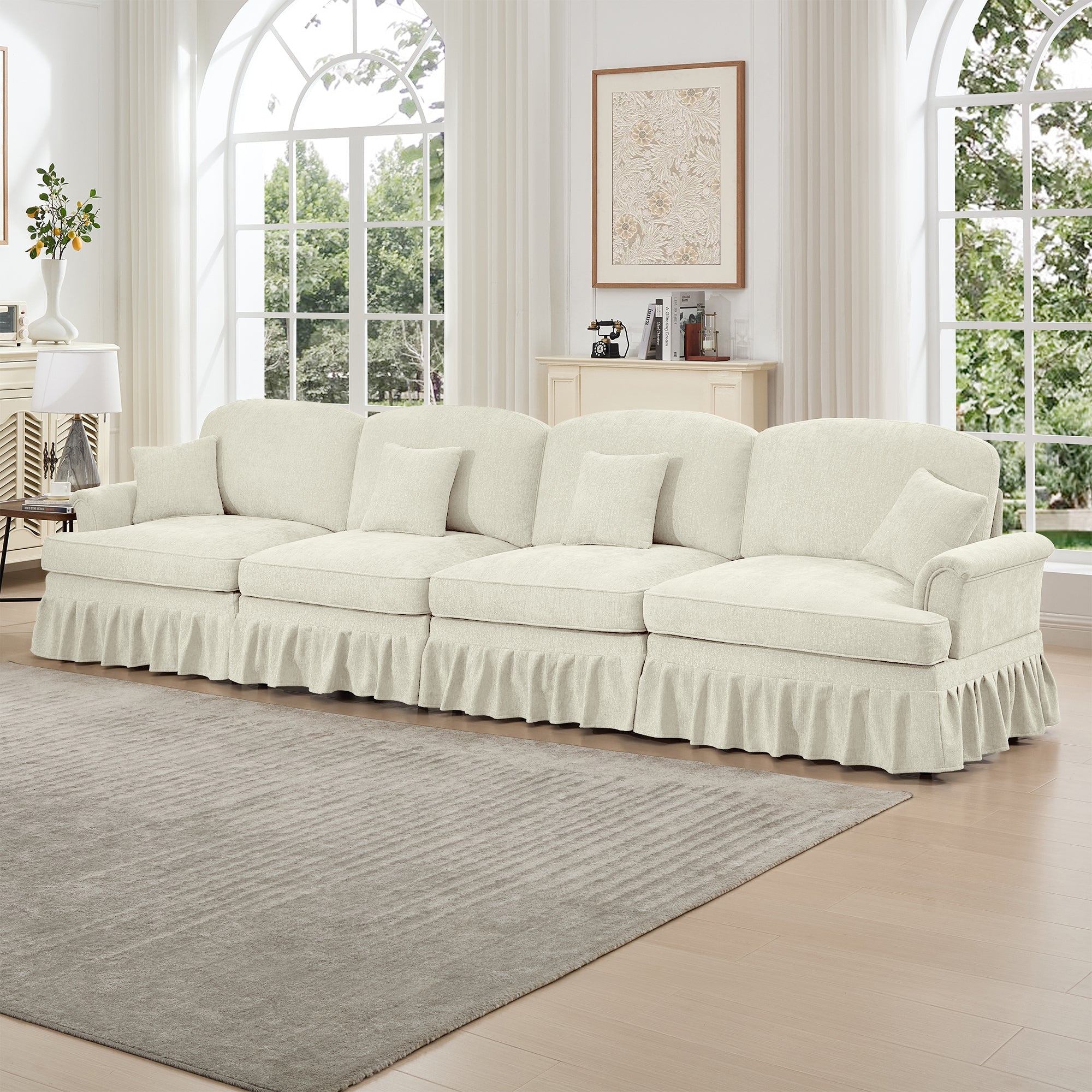 Elegant Mid Century Large 4 Seater Sofa Couch with Flared Arms and Removable Ruffles Pleats Skirts and Spindle Legs, Comfy Chenille Four-Seat Sofa for Living Room, Beige White