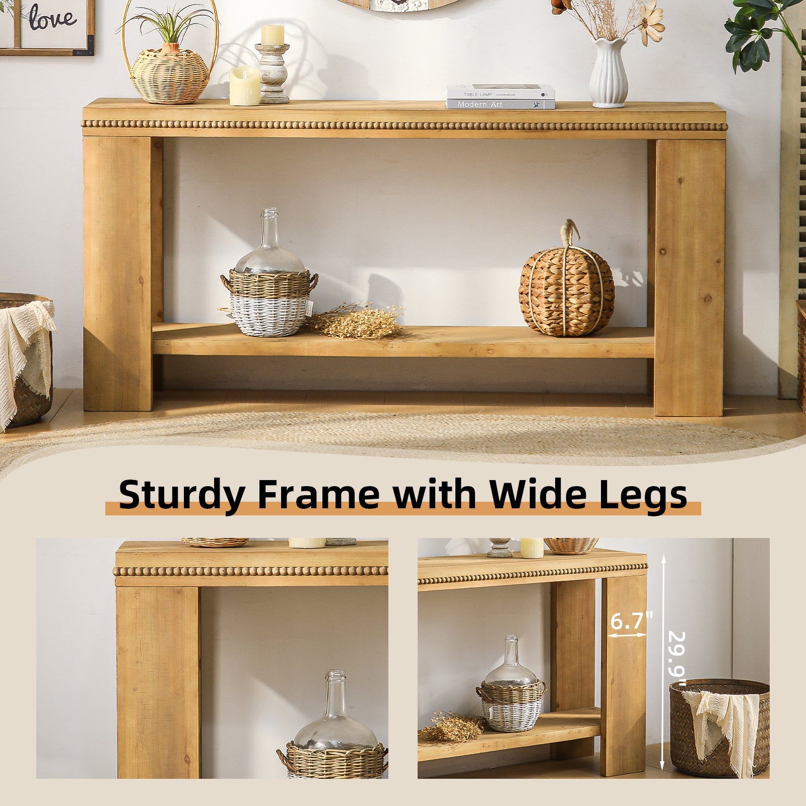 63' Boho Console Table with Storage Shelf – Rustic Farmhouse Sofa Table with Beaded Trim, 2-Tier Narrow Entryway Table for Hallway, Foyer, or Behind Couch