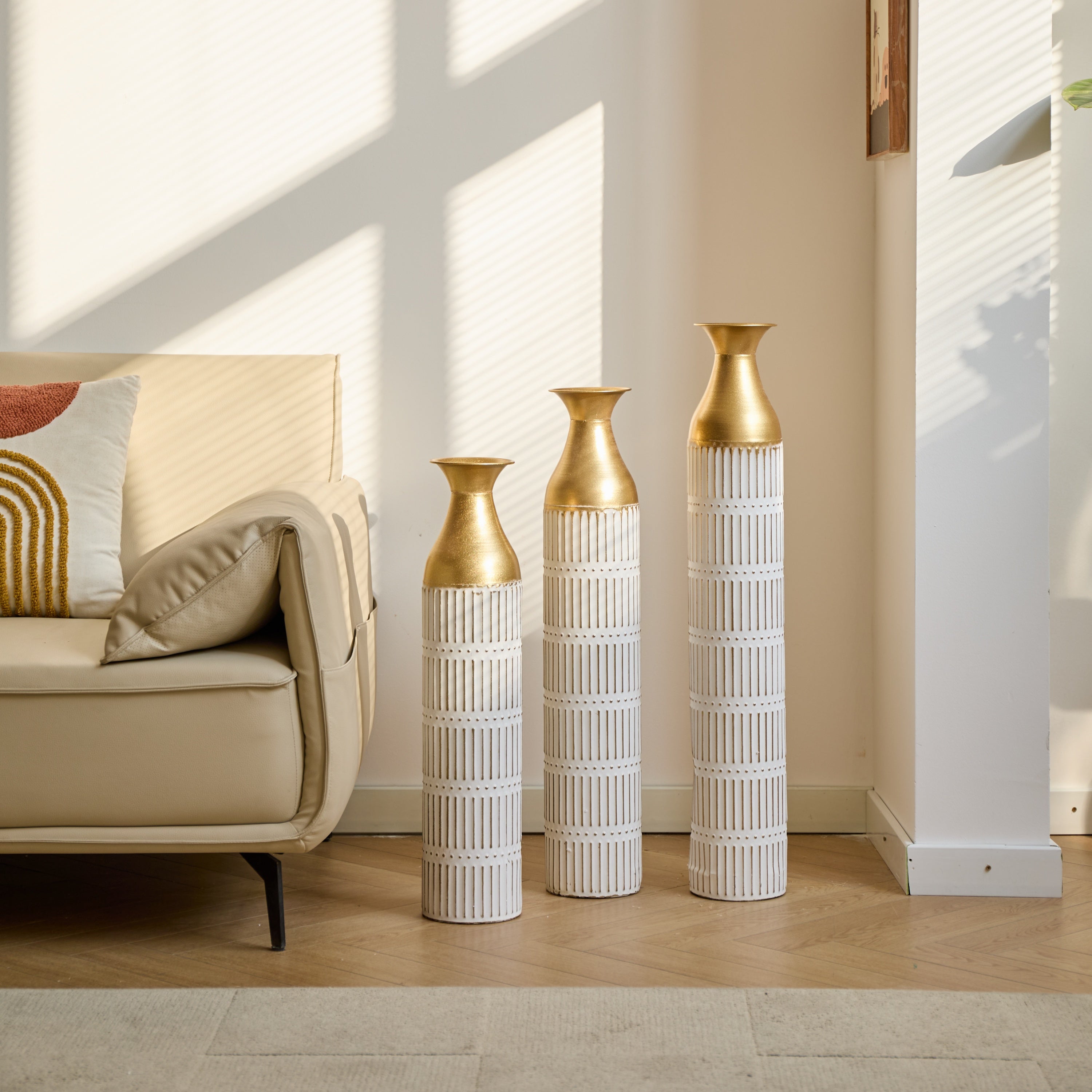 Floor Metal Vases Decorated White Metal Vases Set of 3 Gorgeous Home Decoration Large Glazed Metal Vases 24in/28.7in/33.5in Height