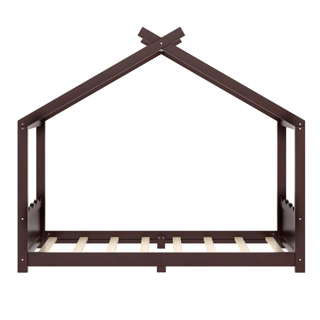 Twin House Floor Bed with Support Slats, Solid Wood House Bed Frame for Kids, No Box Spring Needed and Opening Constructure, Espresso