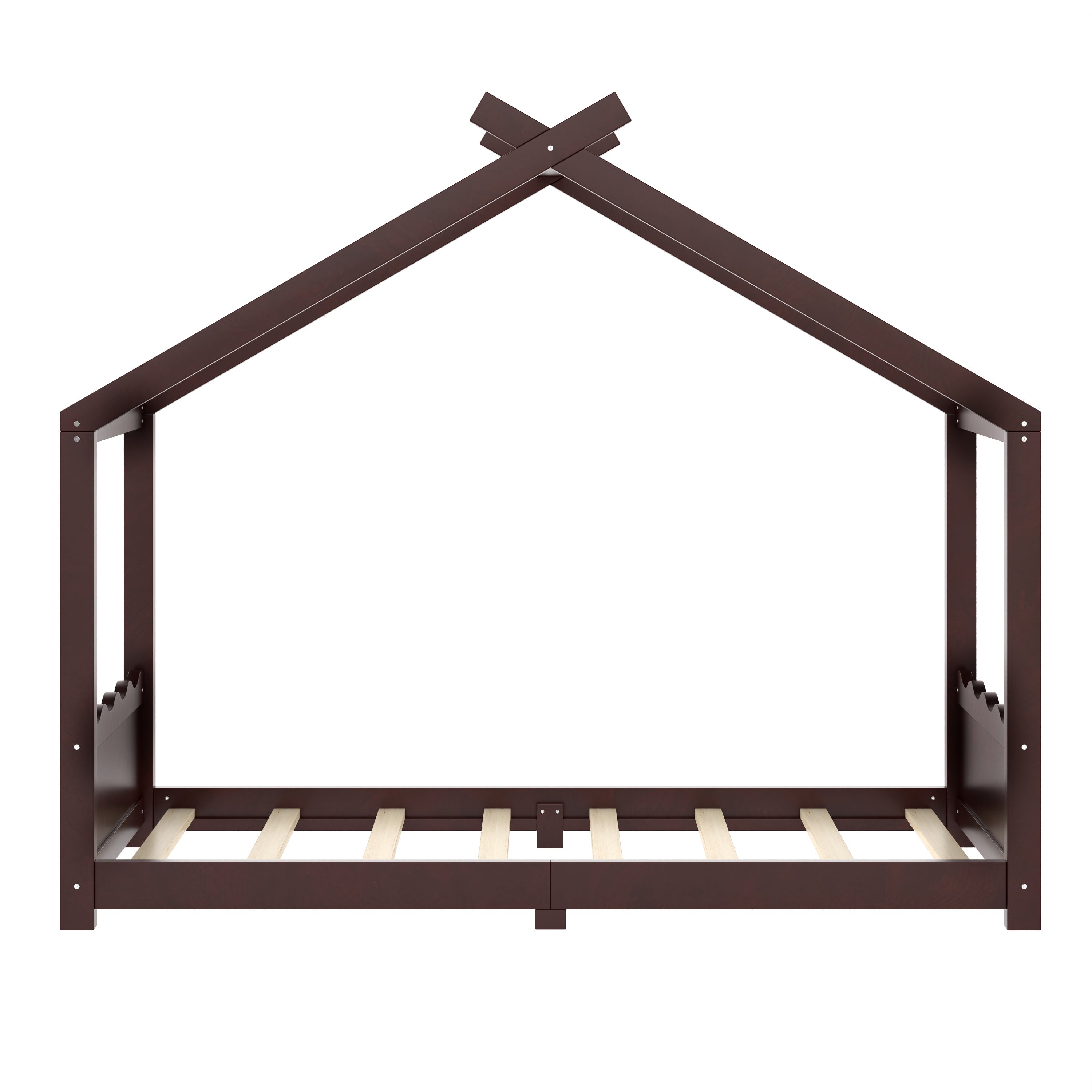 Twin House Floor Bed with Support Slats, Solid Wood House Bed Frame for Kids, No Box Spring Needed and Opening Constructure, Espresso