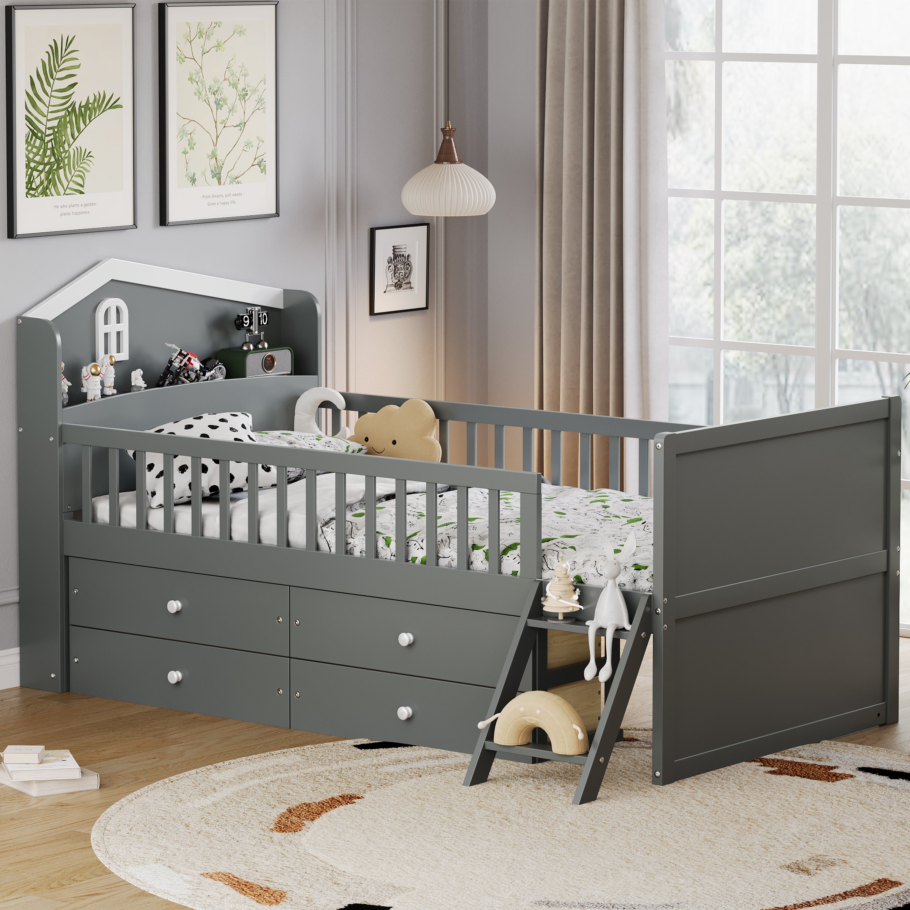 Twin Bed Frame with Storage 4 Drawers,Wooden Bed Frame for Kids,Platform Twin Size Bed with Guardrail Headboard and Ladder, No Box Spring Needed, Easy Assembly, Gray