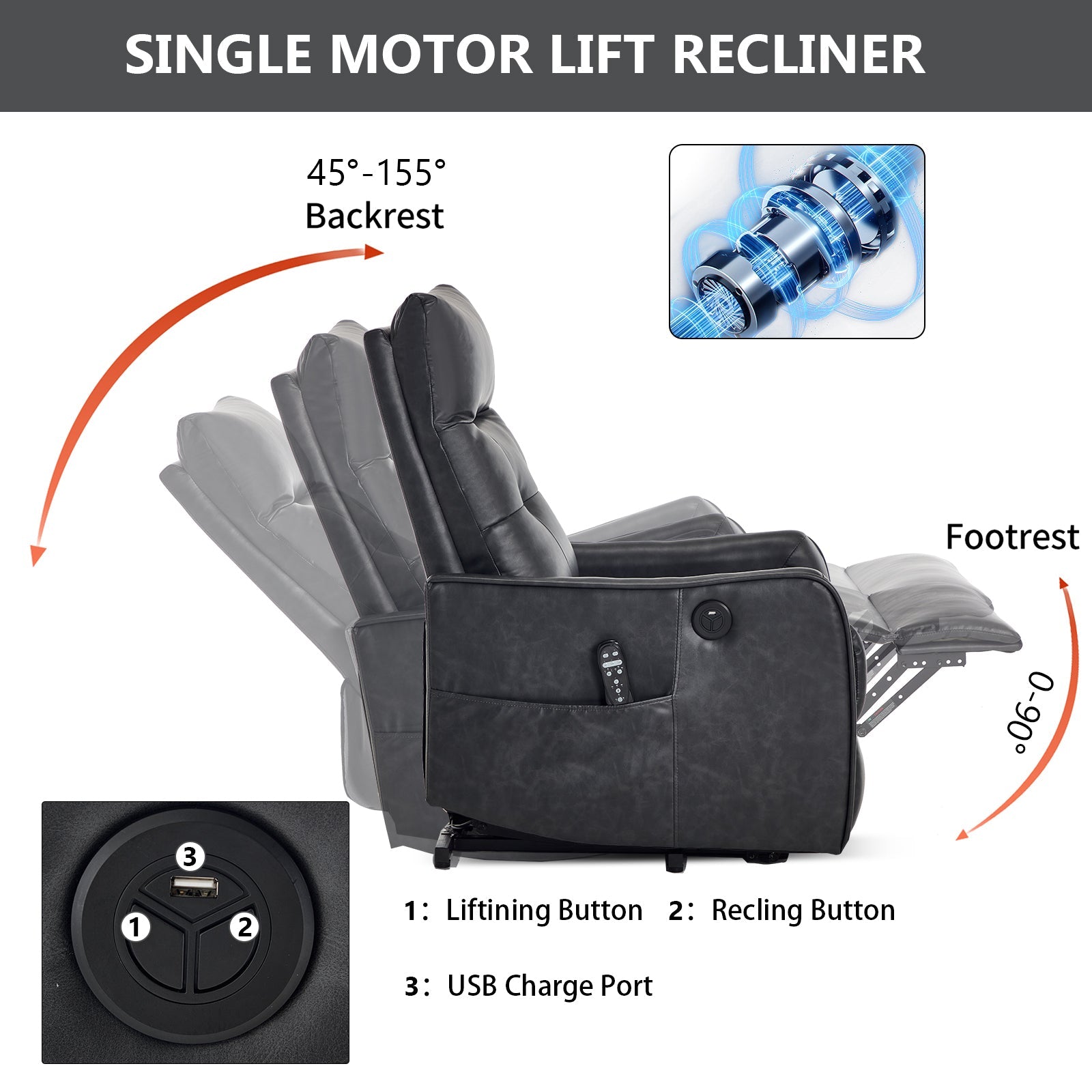 Deep Grey PU Single Motor Power Lift Recliner Chair with Massage and Heat for Elderly, Heavy Duty Motion Mechanism and One USB for Charging, Max Reclining Angle 155°