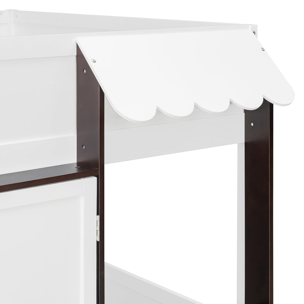 Full Loft House Bed with Playhouse & Storage, Modern Wood Cabin Bed for Kids/Teens, White+Espresso