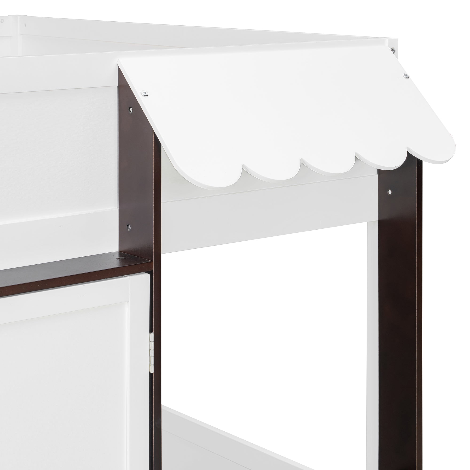 Full Loft House Bed with Playhouse & Storage, Modern Wood Cabin Bed for Kids/Teens, White+Espresso