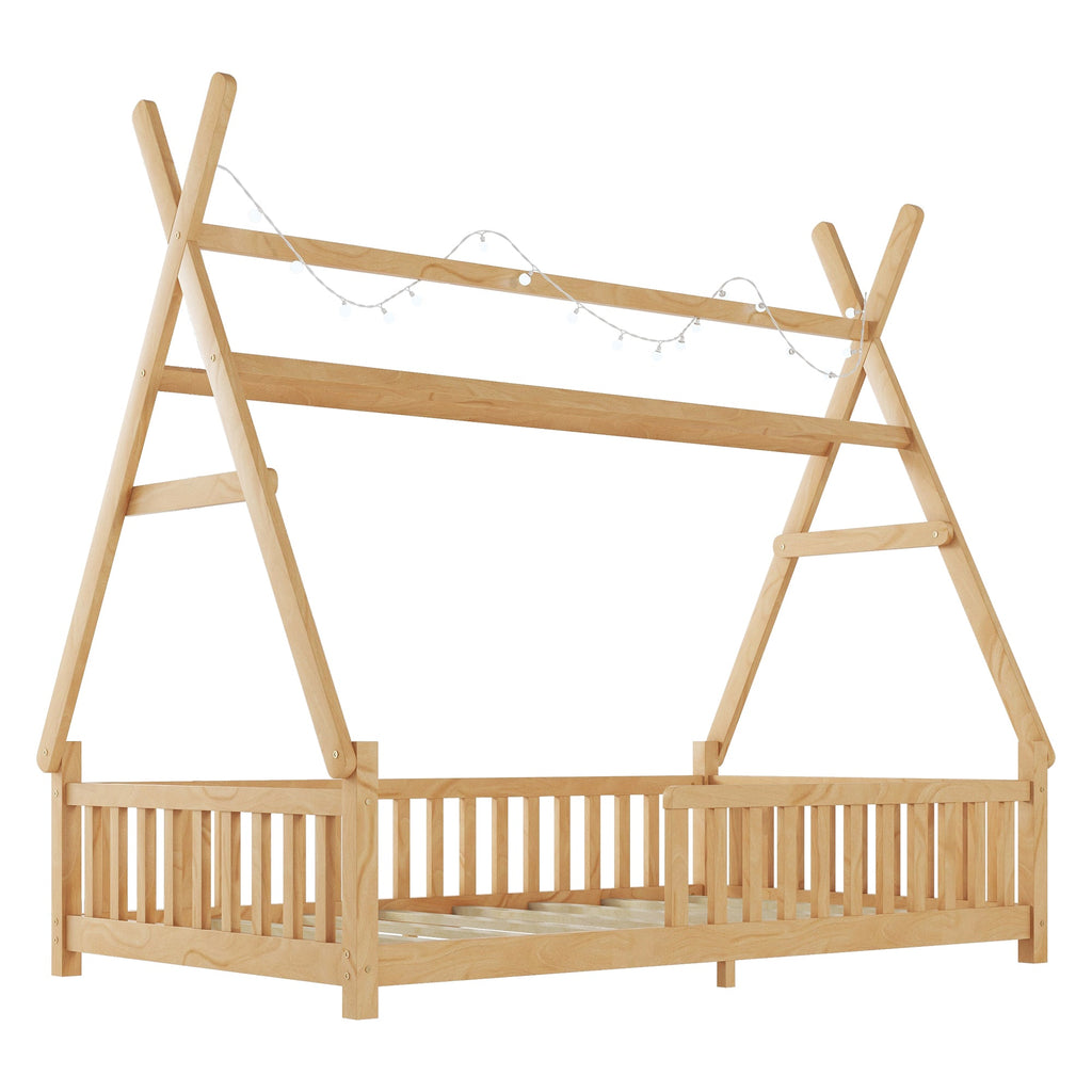 Twin House Bed with Light, Low Floor House Bed with Fence and Roof for Kids Boys Girls,Natural(Expect arrive date 2025/7/20)
